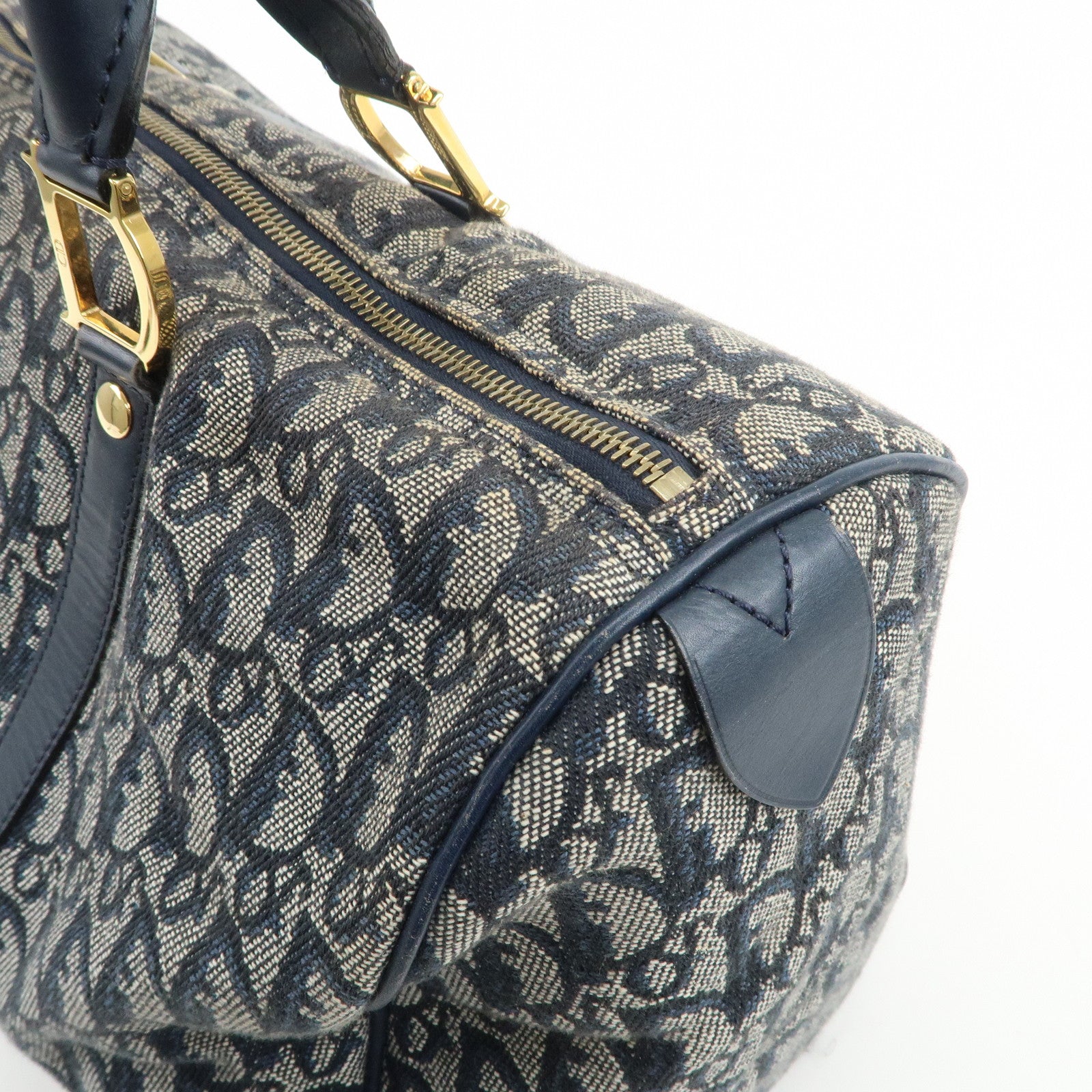 Christian Dior Trotter Jacquard Canvas Leather Boston Bag Navy