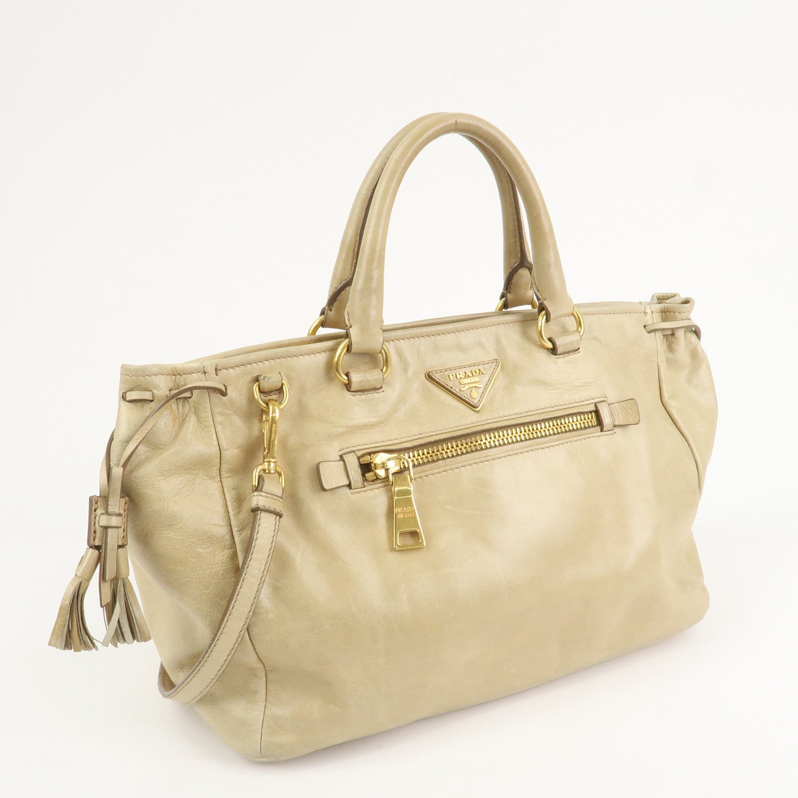 PRADA Triangle Logo VITELLOSHINE Leather 2Way Bag Beige BN1921