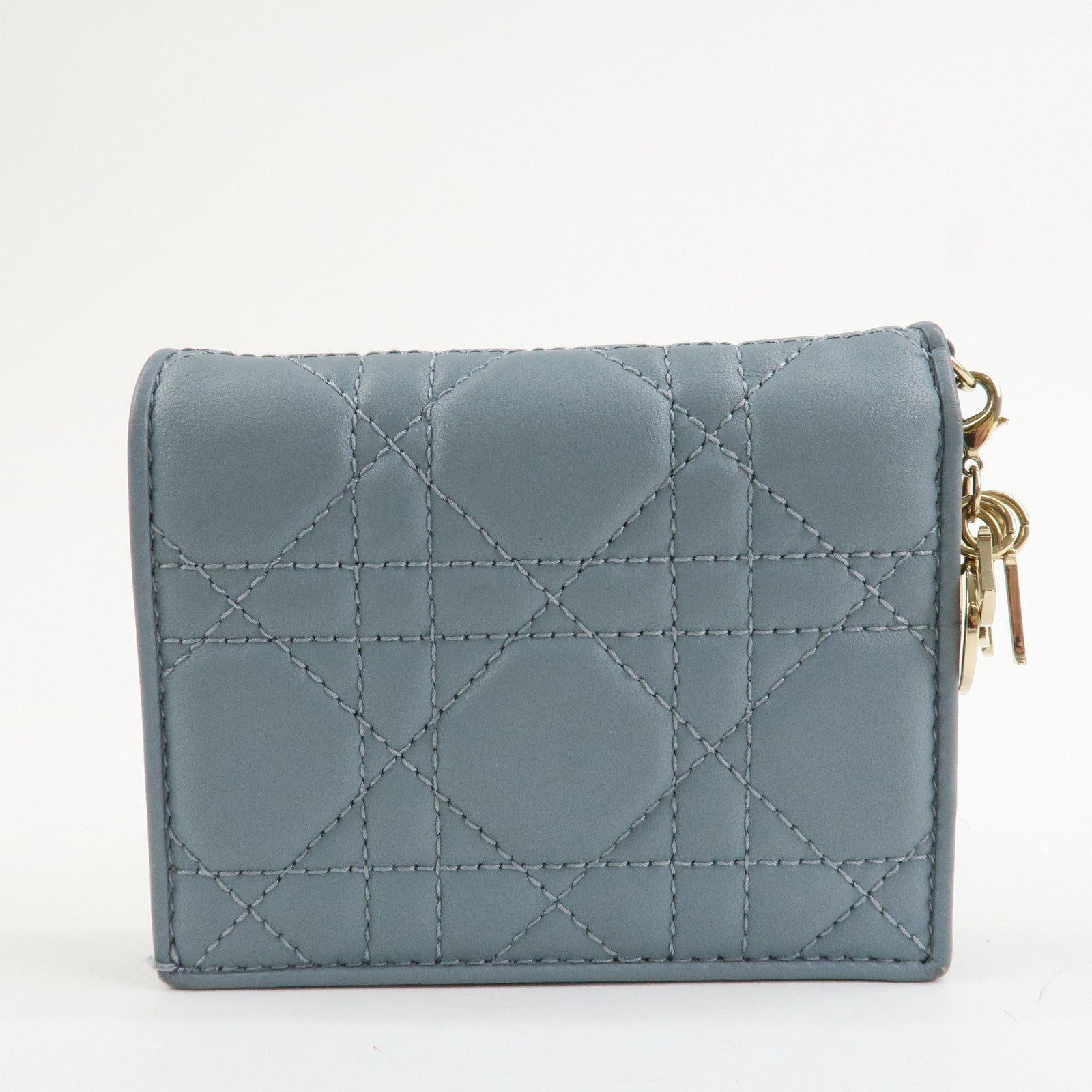 Christian Dior Cannage Leather Gardenia Wallet Gold Charm Blue Used