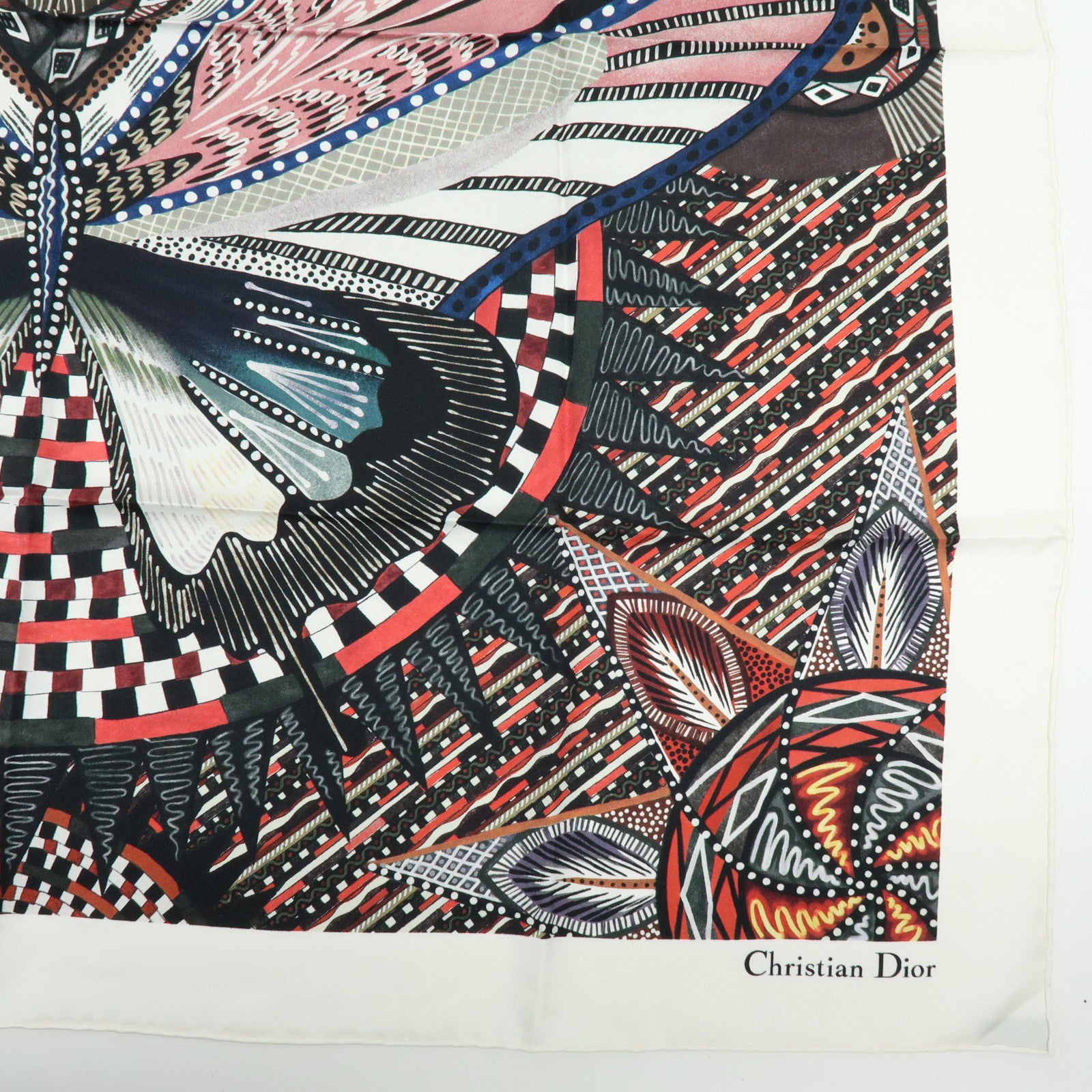 Christian Dior Silk 100% Scarf Butterfly Pattern White Black Pink