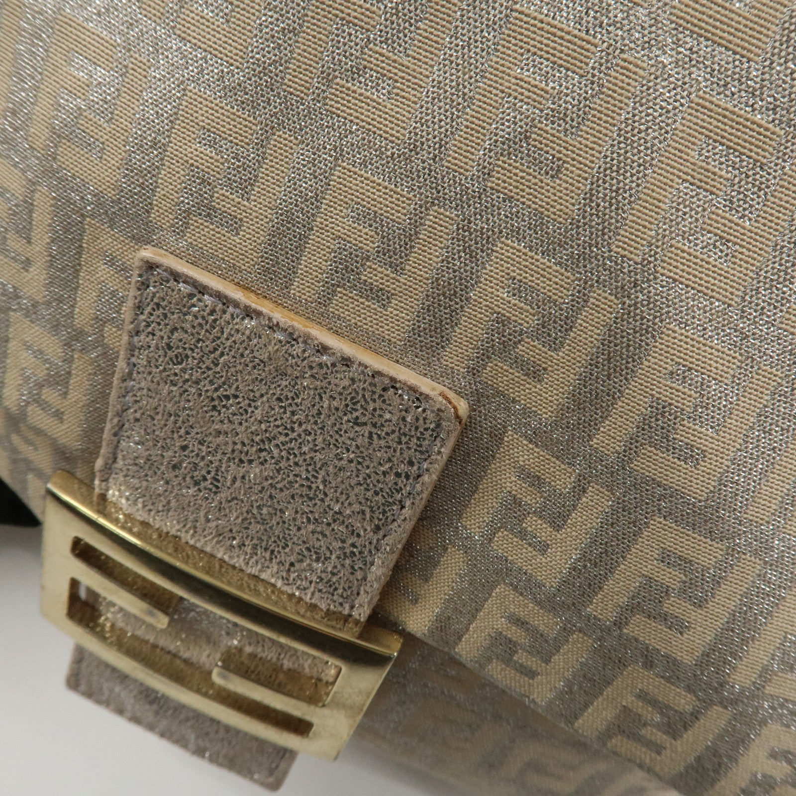 FENDI Zucchino Canvas Leather Shoulder Bag Silver Beige 8BT075
