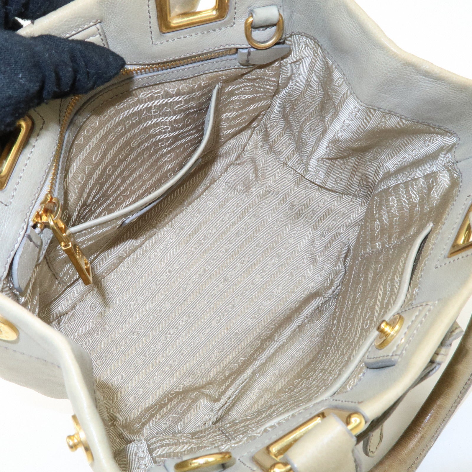 PRADA Logo Ribon Leather 2WAY Tote Bag Hand Bag Beige Gold HDW BN2245 Used