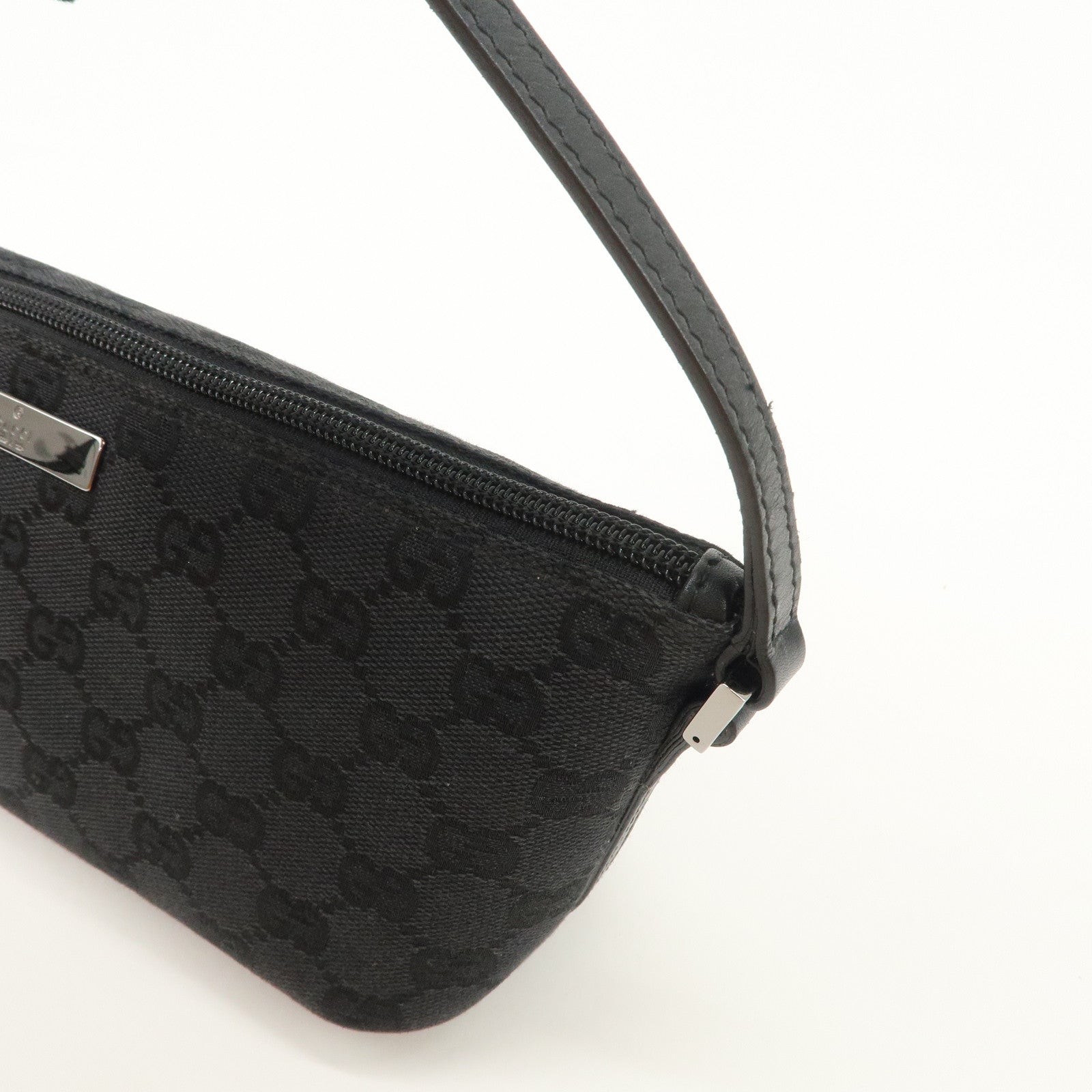 GUCCI Boat Bag GG Canvas Leather Hand Bag Pouch Black 07198