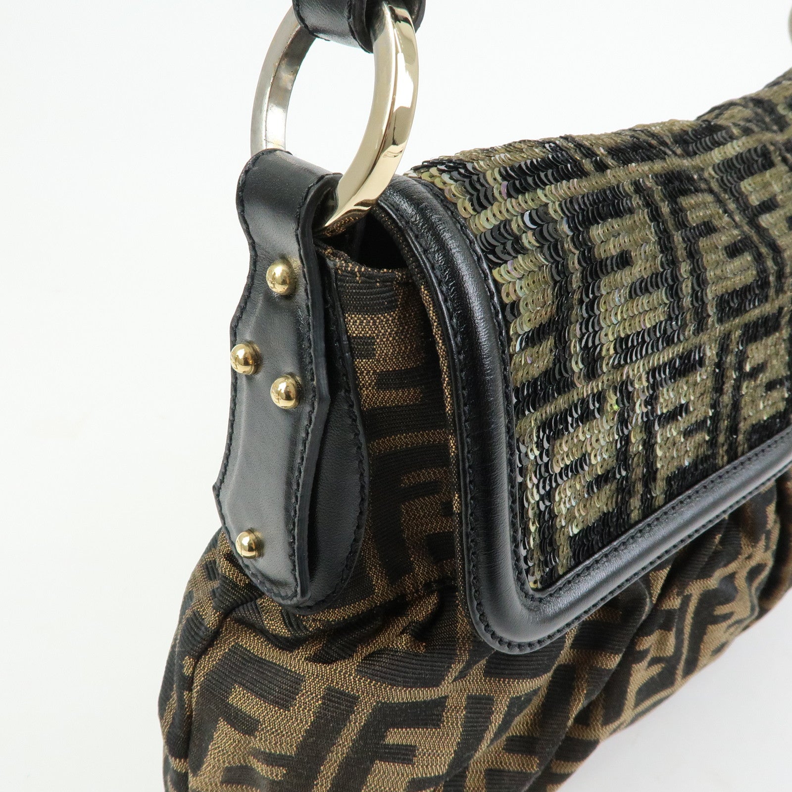 FENDI Zucca Canvas Leather Sequined Shoulder Bag Brown 8BR436