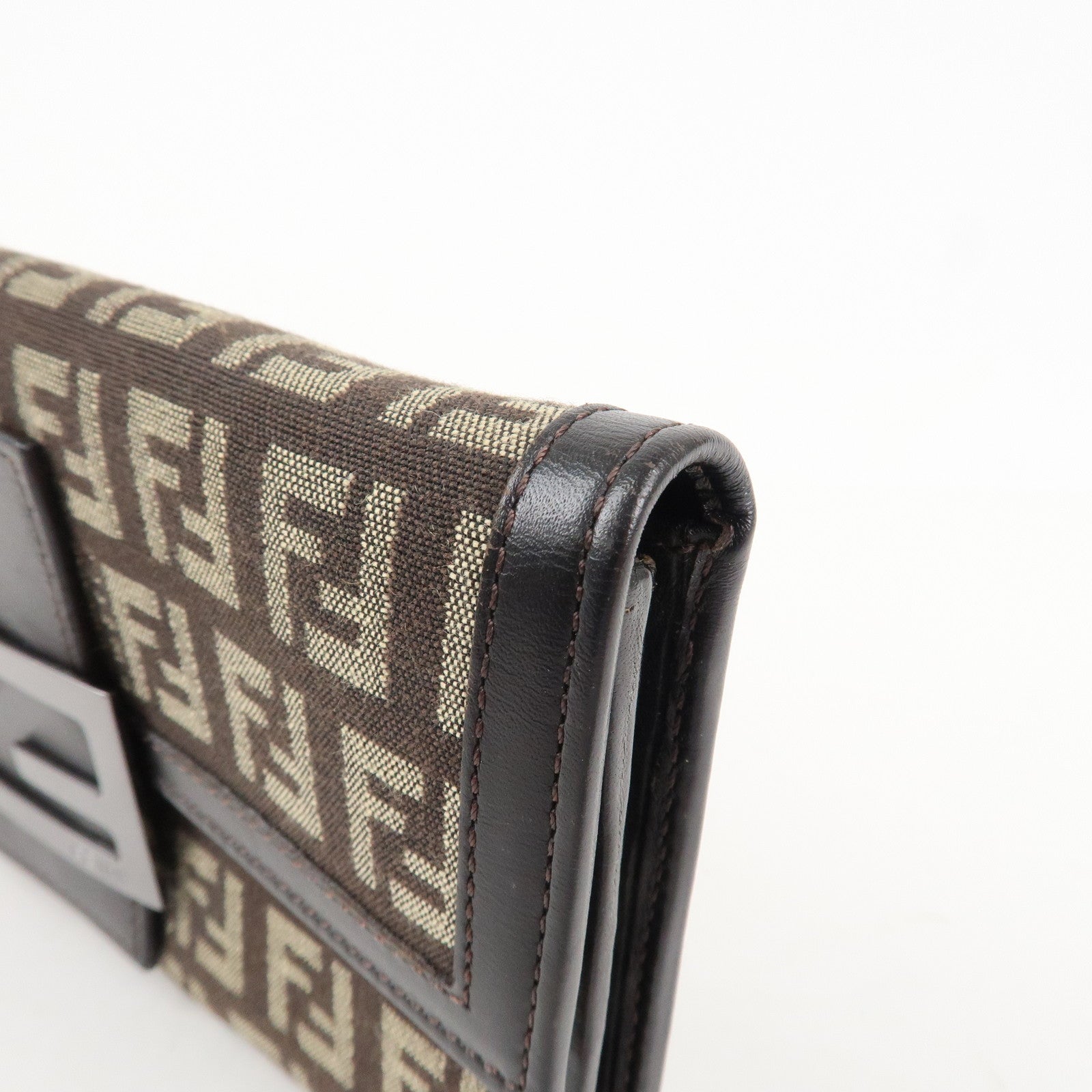 FENDI Zucchino Canvas Leather Bi-Fold Long Wallet Dark Brown 8M0021 Used