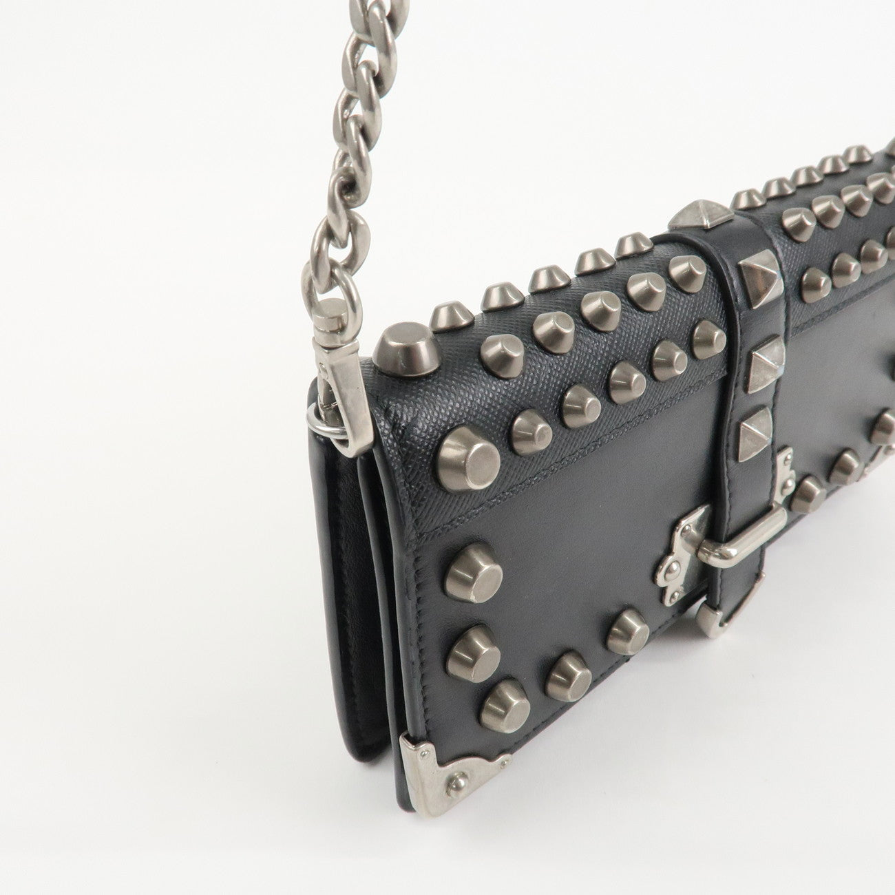 PRADA Leather Studs Chain Wallet Chain Bag Black Used