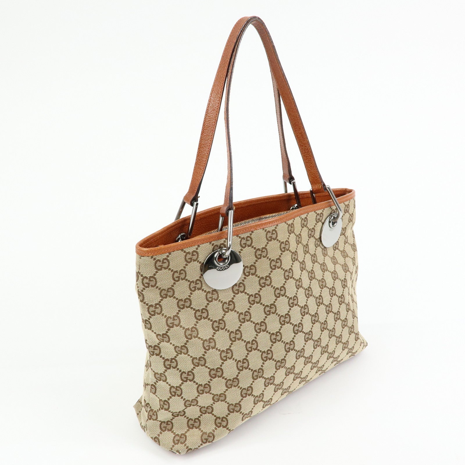 GUCCI GG Canvas Leather Tote Bag Shoulder Bag Beige Camel 120837