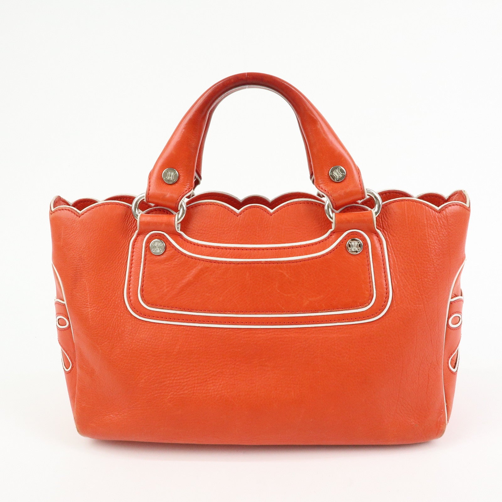 CELINE Scalloped Boogie Bag Leather Hand Bag Tote Bag Orange White