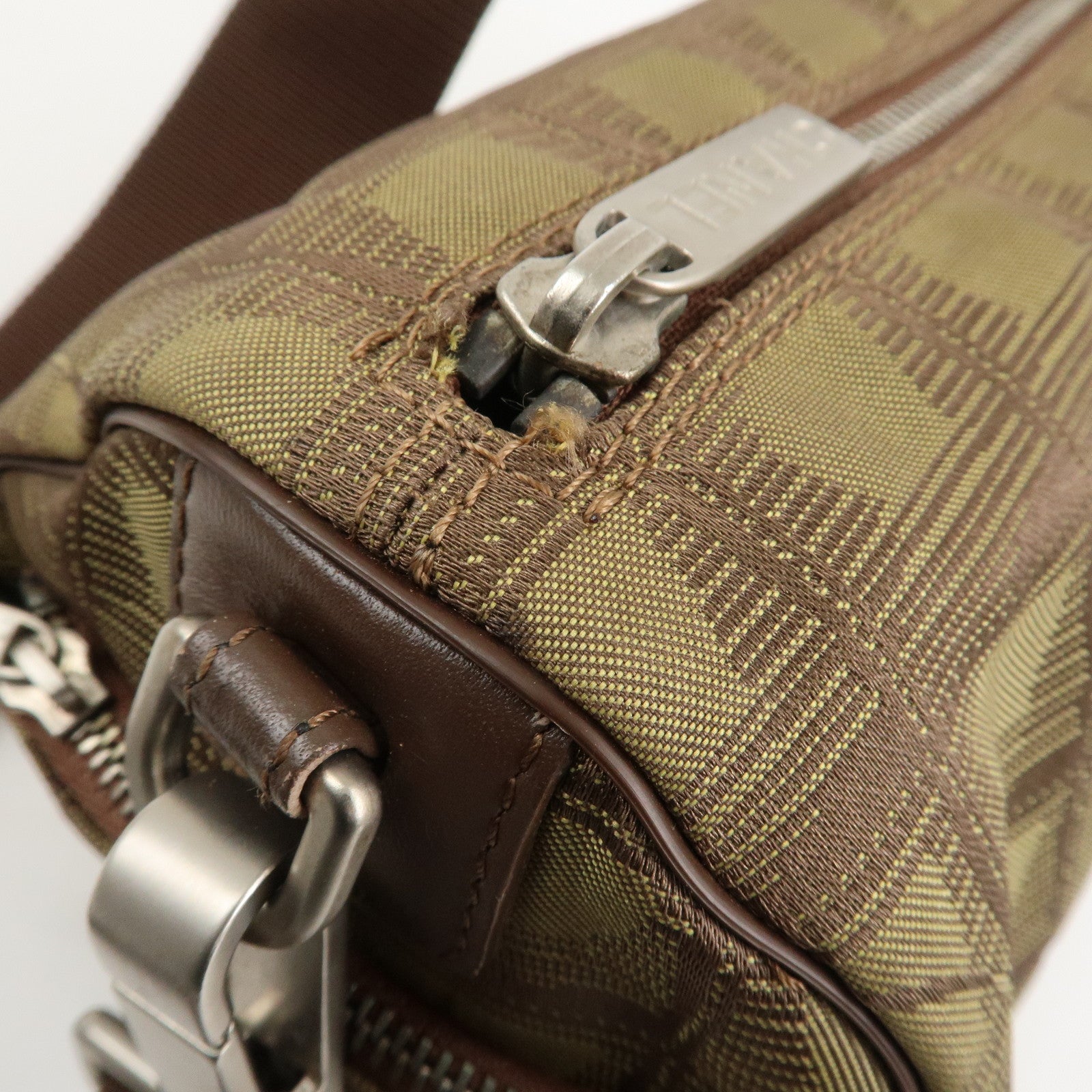 CHANEL New Travel Line Nylon Jacquard Shoulder Bag Khaki Used