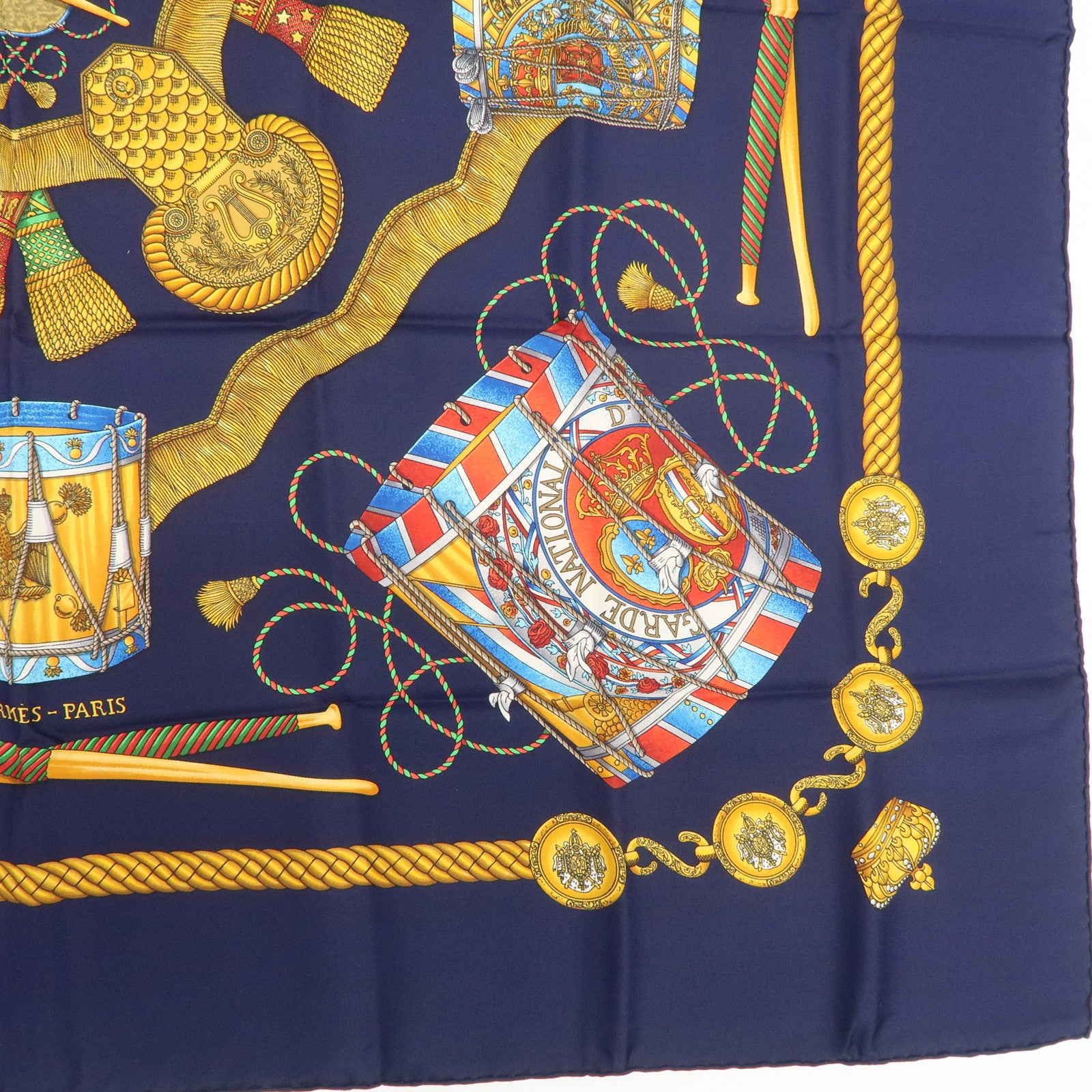 HERMES Carre 90 Silk 100% LES TAMBOURS Scarf Navy Gold