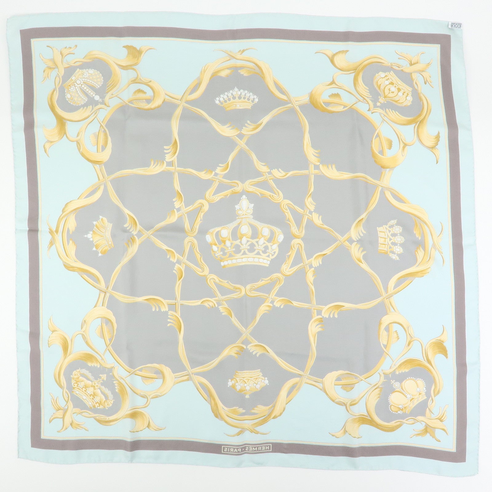 HERMES Carre 90 Silk 100% Scarf CROWN Sky Blue White