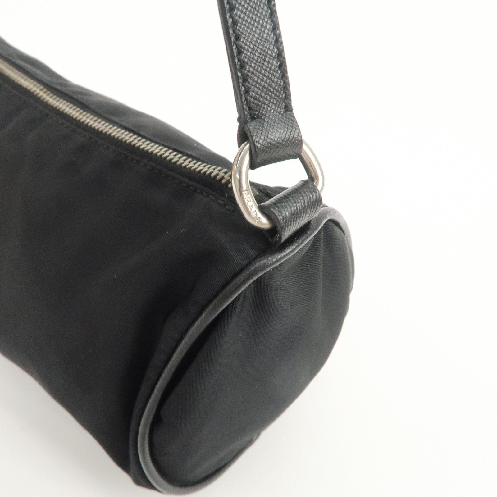 PRADA Triangle Logo Nylon Saffiano Leather Hand Bag Black