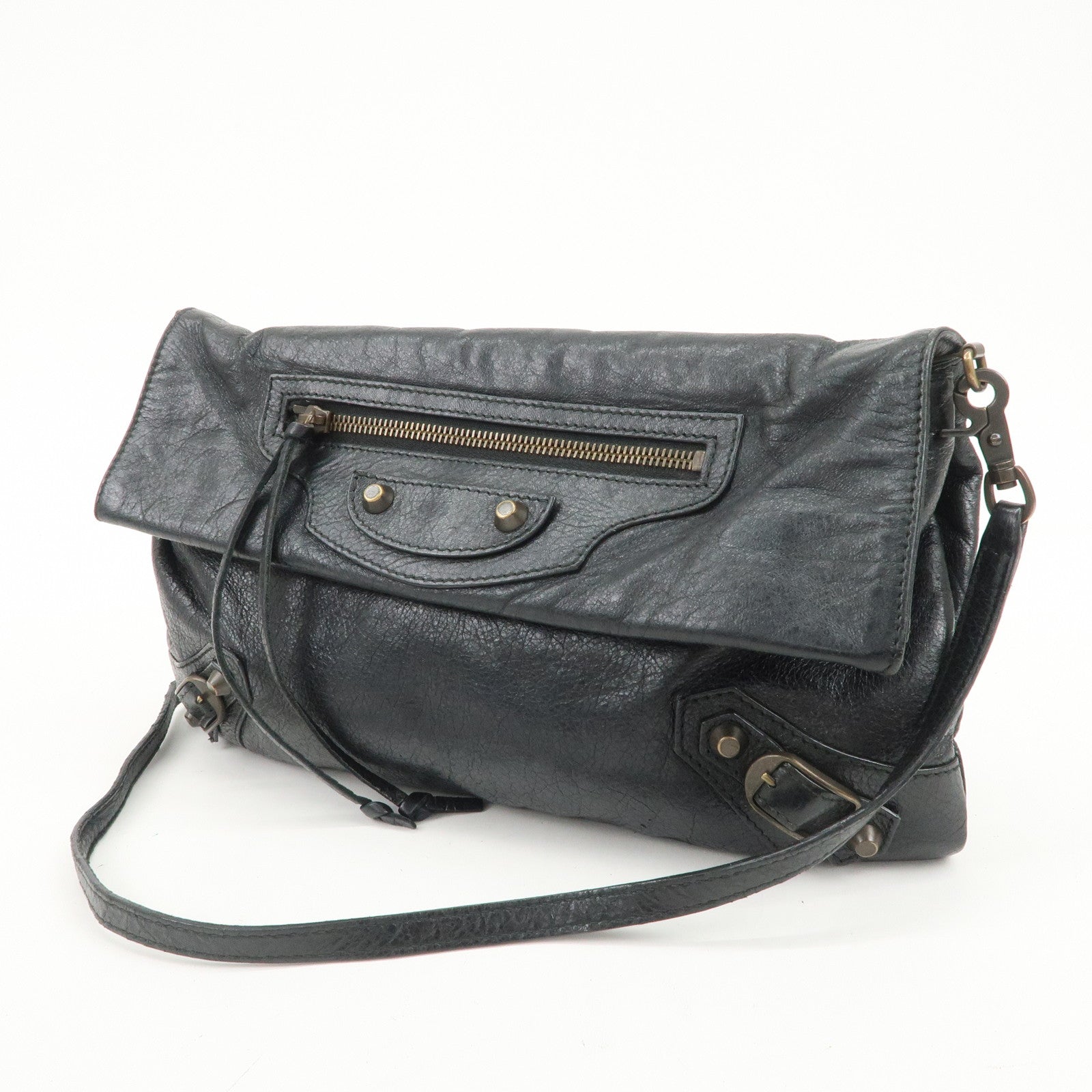 BALENCIAGA Leather Classic Envelope Shoulder Bag Black 319376