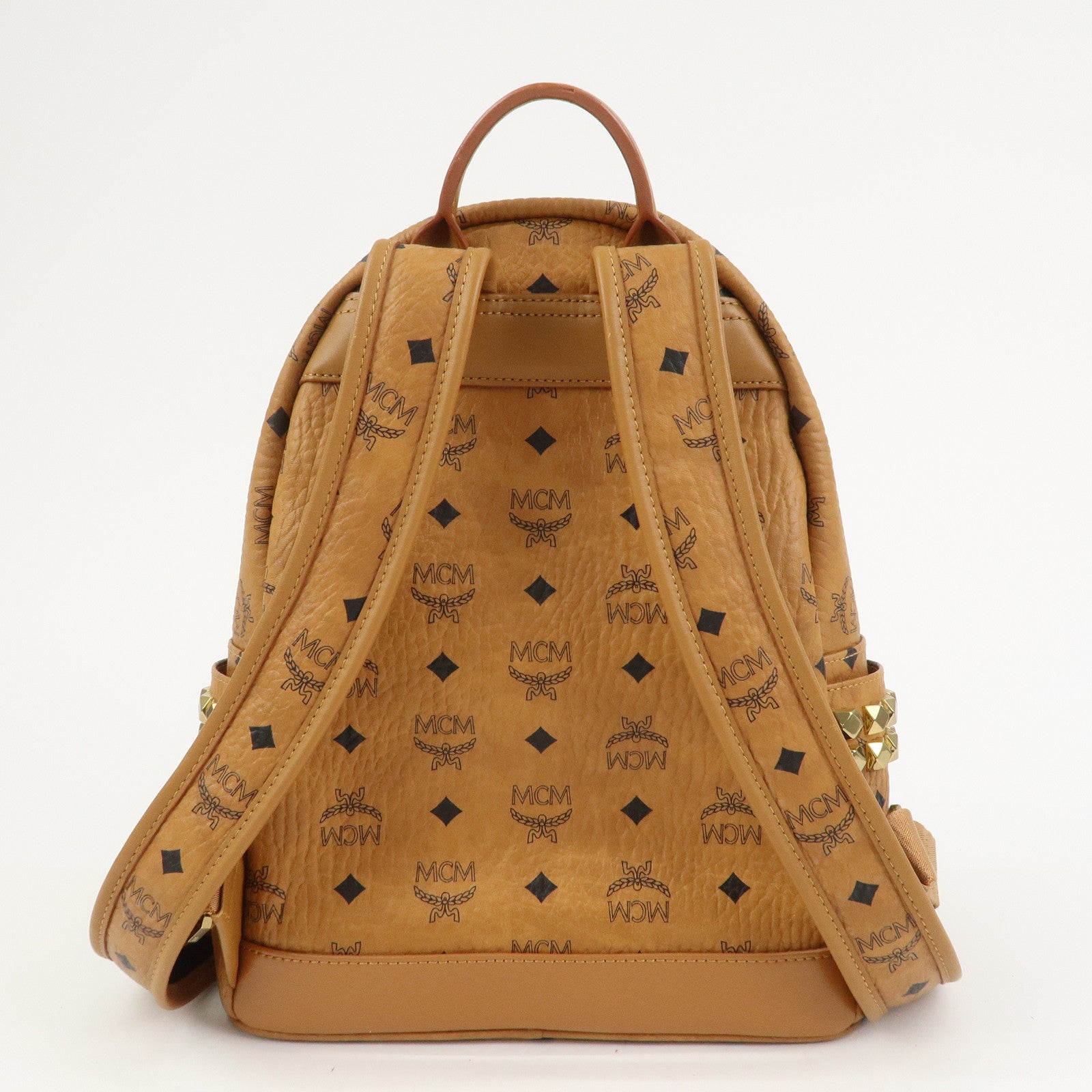 MCM Visetos PVC Leather Backpack Rucksack Studs Cognac