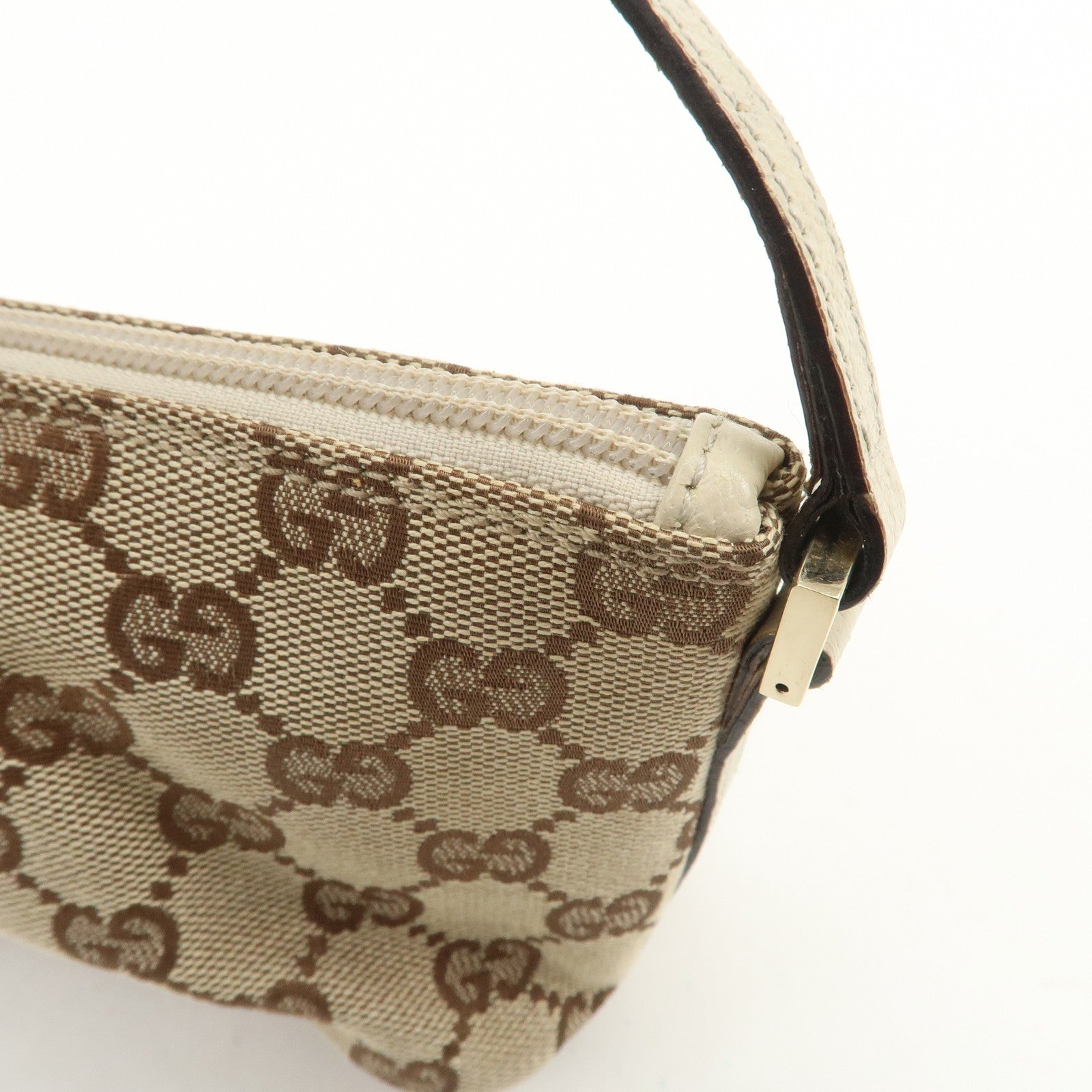 GUCCI Boat Bag GG Canvas Leather Hand Bag Pouch Brown Ivory 07198