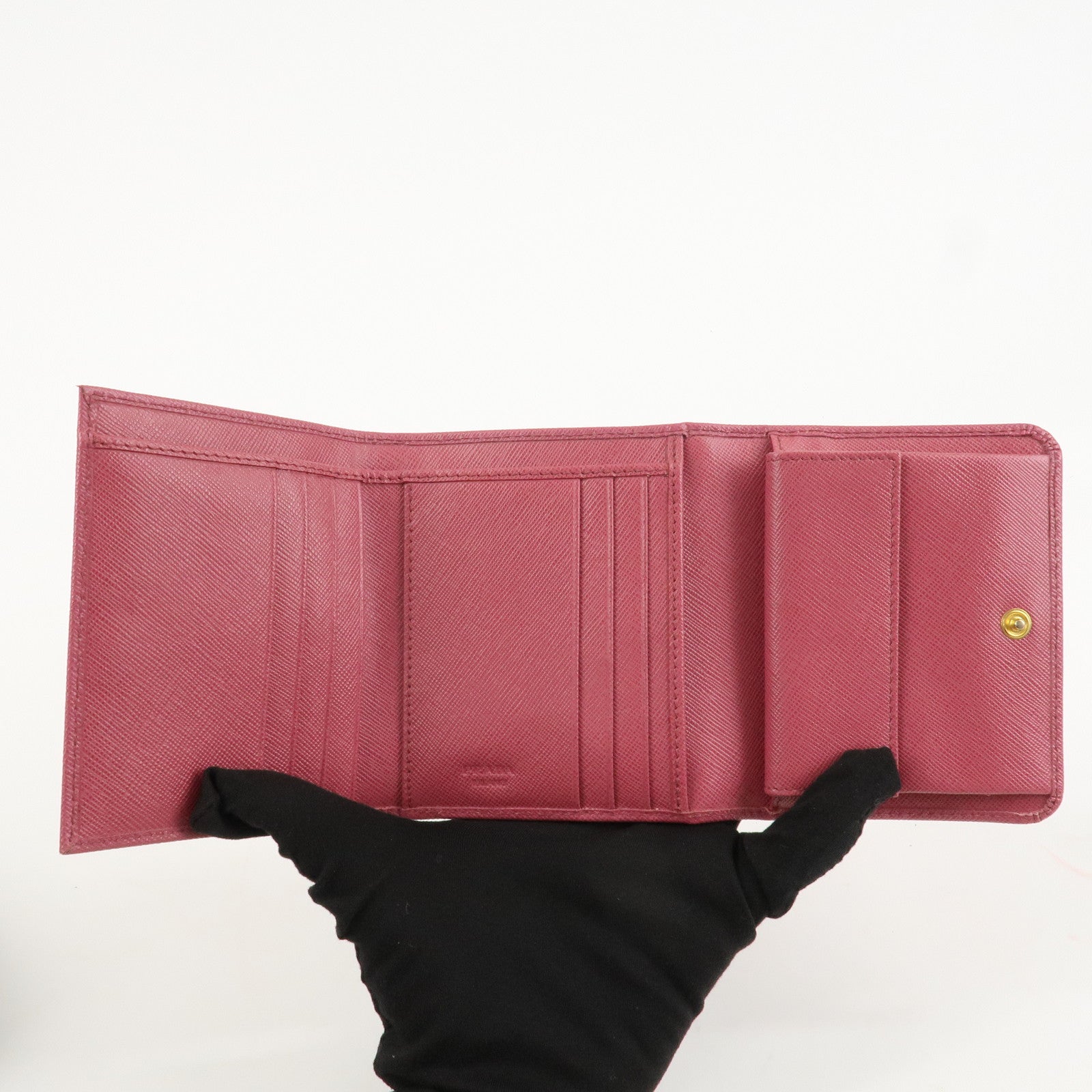 PRADA Logo Saffiano Leather Tri-fold Compact Wallet Pink 1M0176 Used