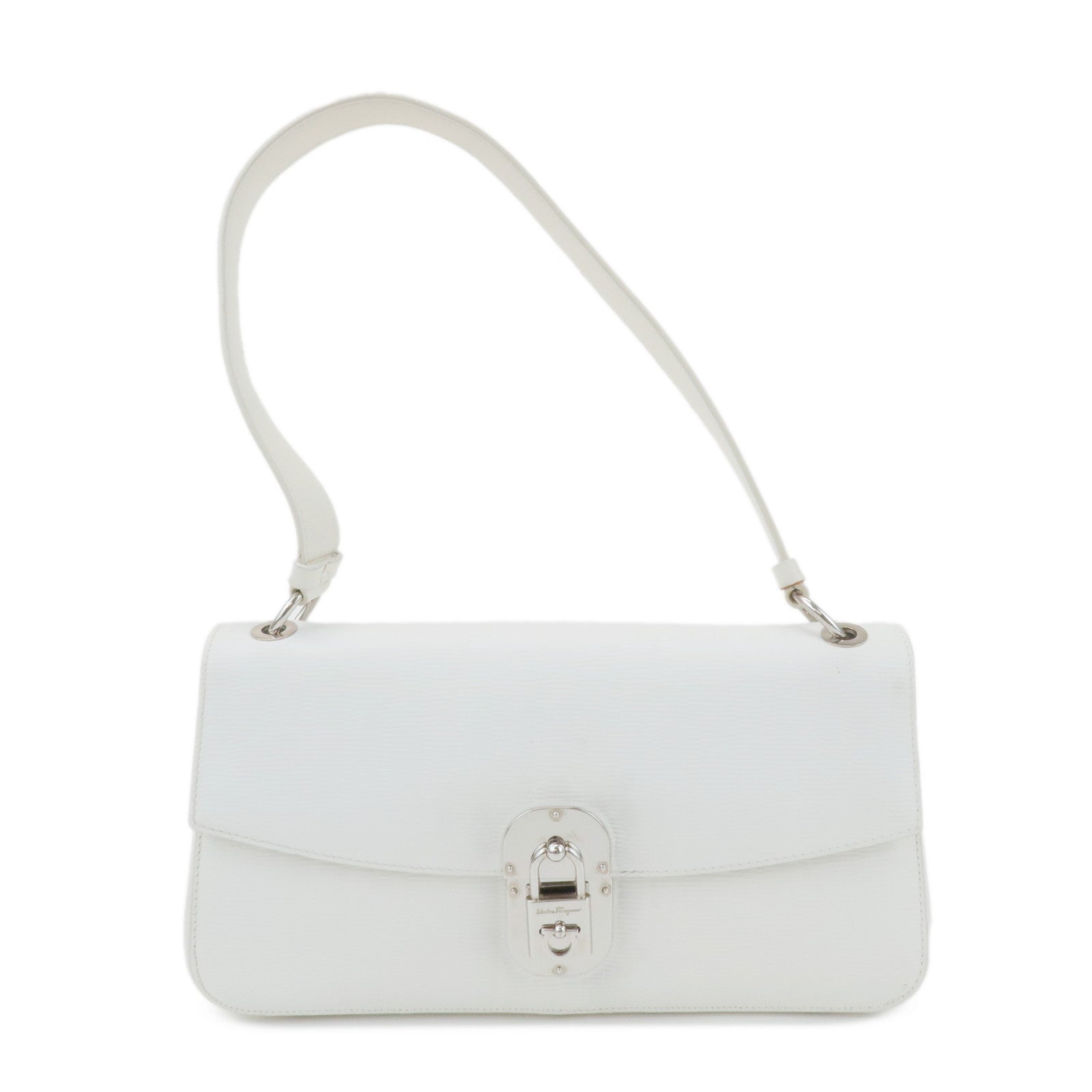 Ferragamo Gancini Leather Shoulder Bag White Silver HDW Used