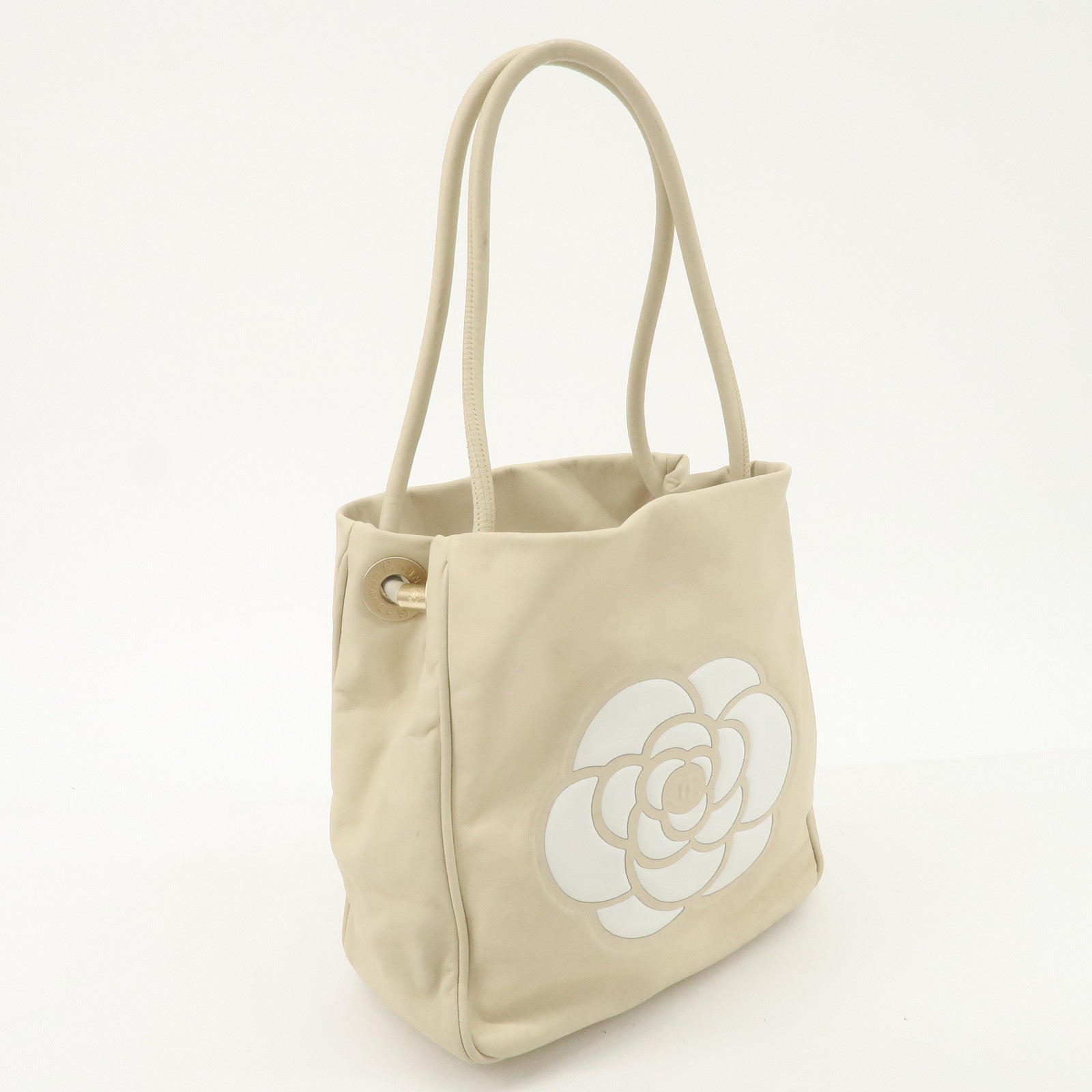 CHANEL Cameria Leather Tote Bag Shoulder Bag Beige White A20856 Used