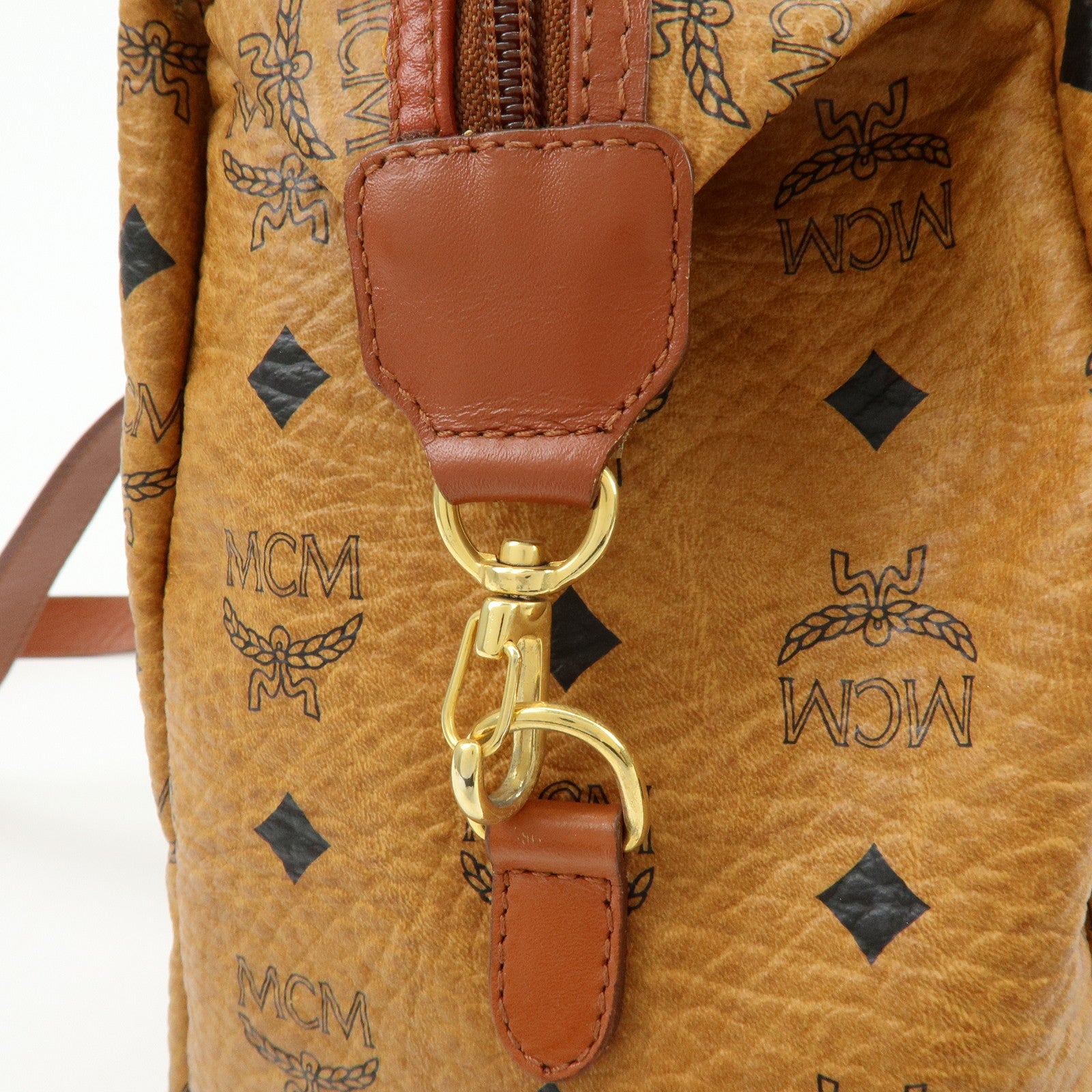 MCM Visetos PVC Leather Tote Bag Boston Bag Hand Bag Cognac Brown