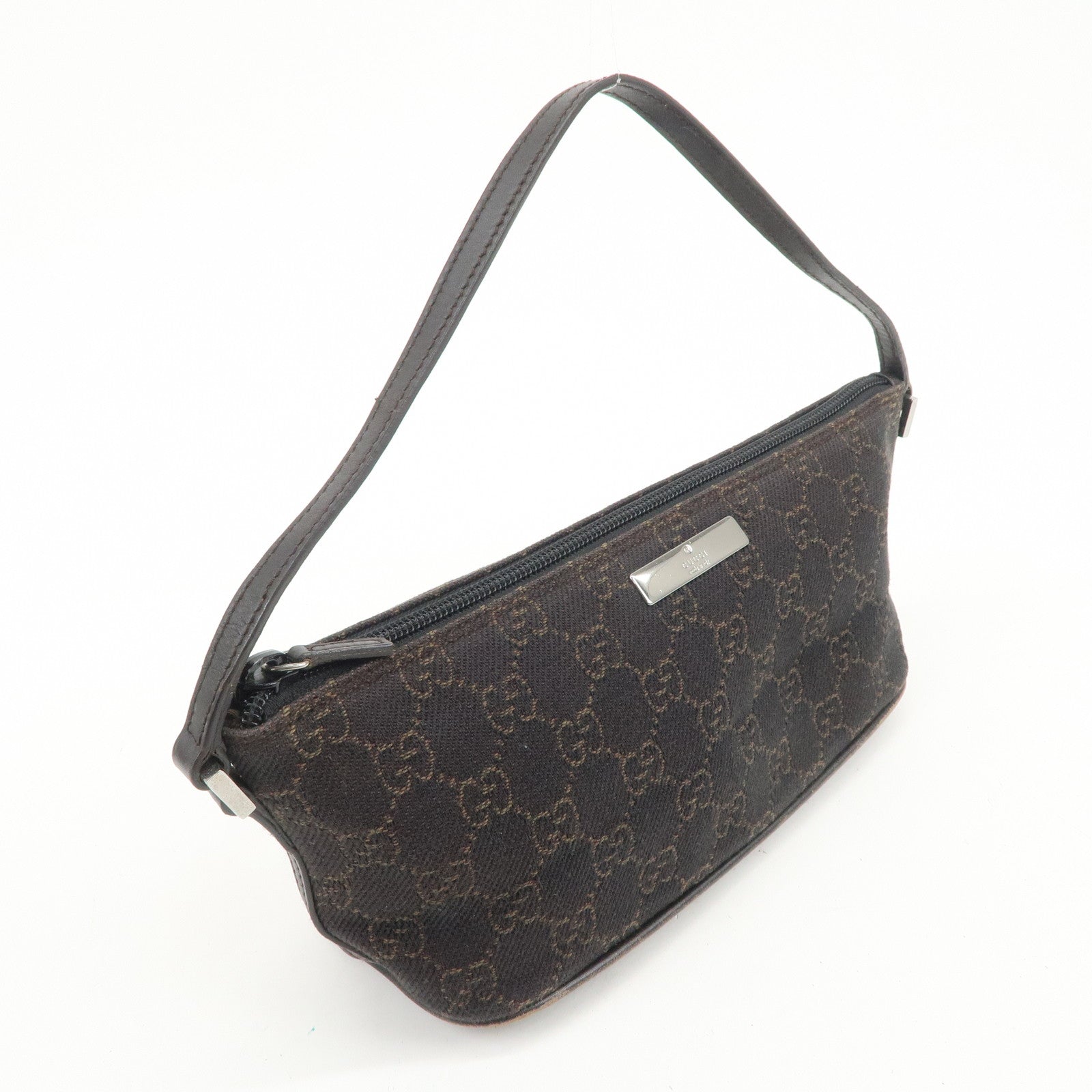 GUCCI Boat Bag GG Denim Togo Leather Hand Bag Dark Brown 07198