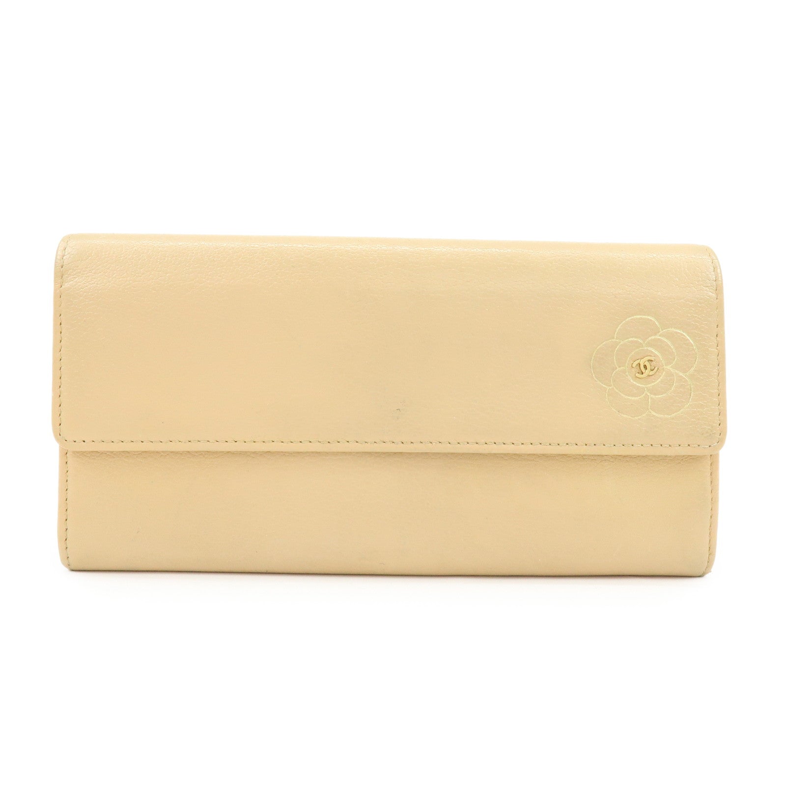 Chanel Camellia Calf Leather Long Flap Wallet Beige