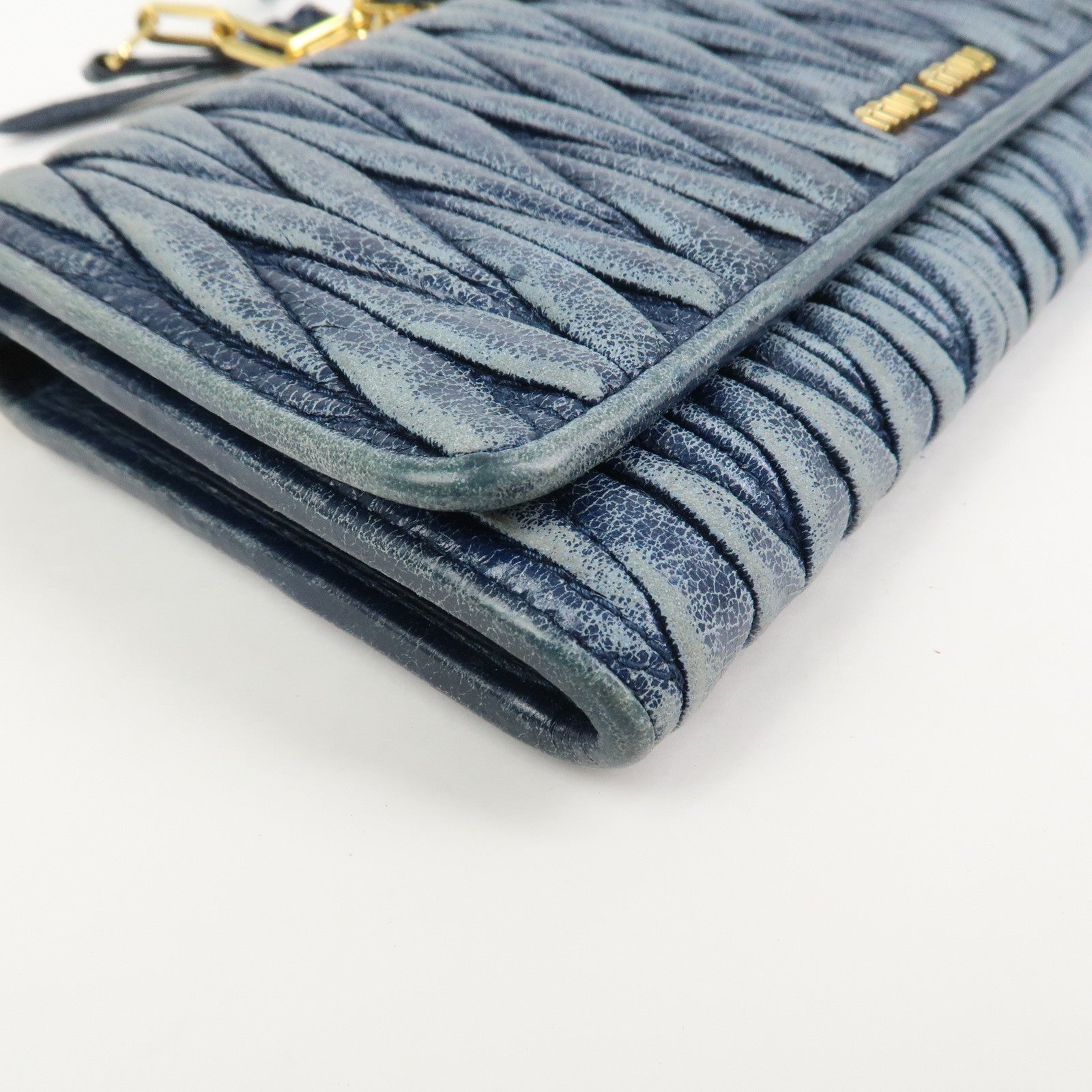 MIU MIU Matelasse Logo Leather Chain Shoulder Wallet Blue 5M1290