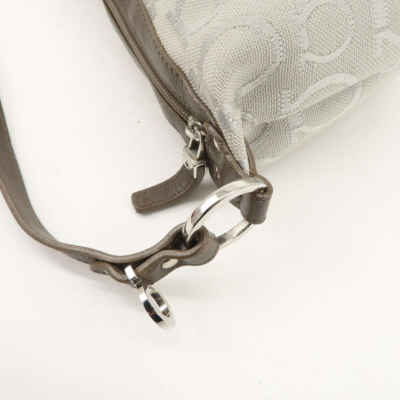 Ferragamo Gancini Leather Canvas Shoulder Bag Brown Silver Used