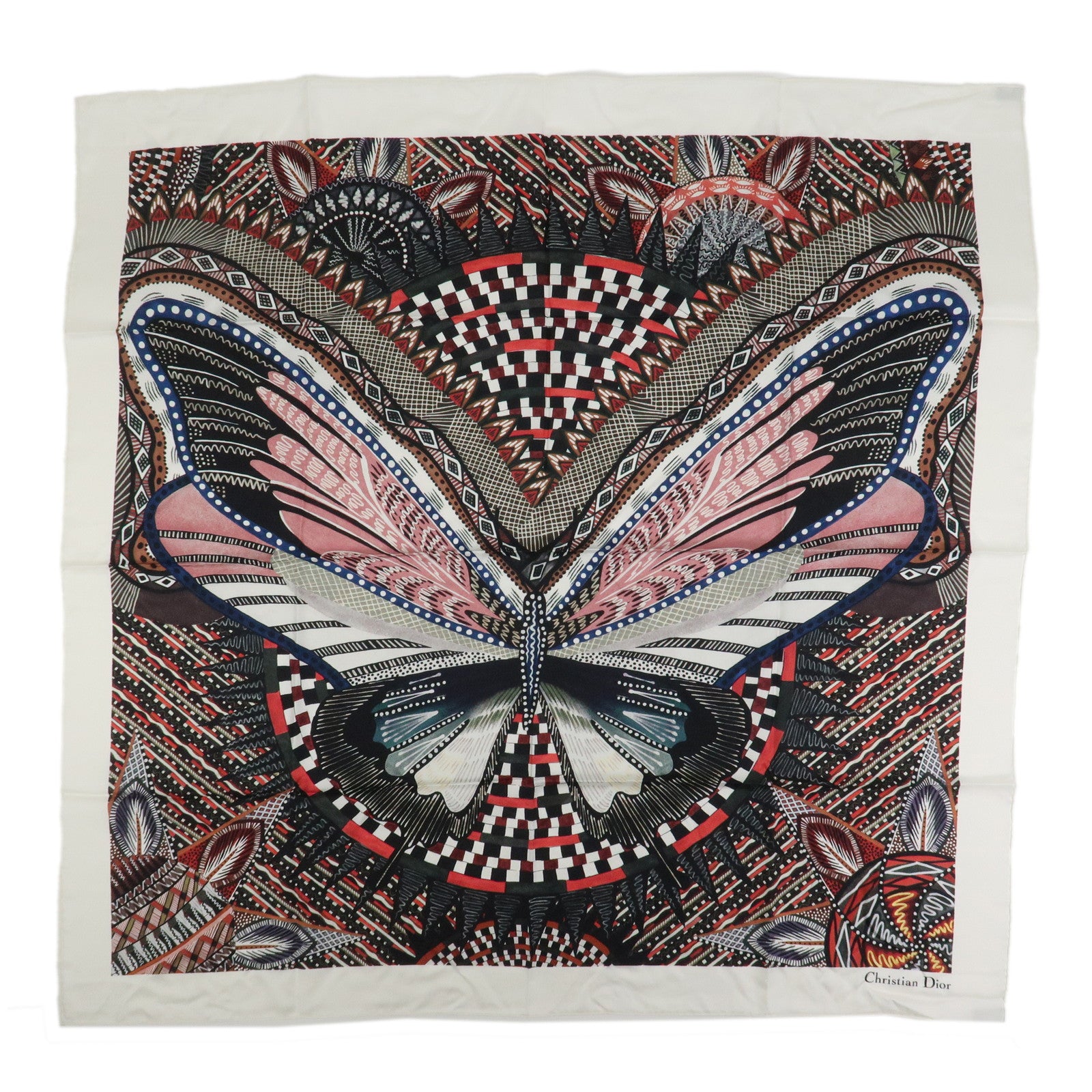 Christian Dior Logo Silk 100% Scarf Butterfly Motif Multicolor