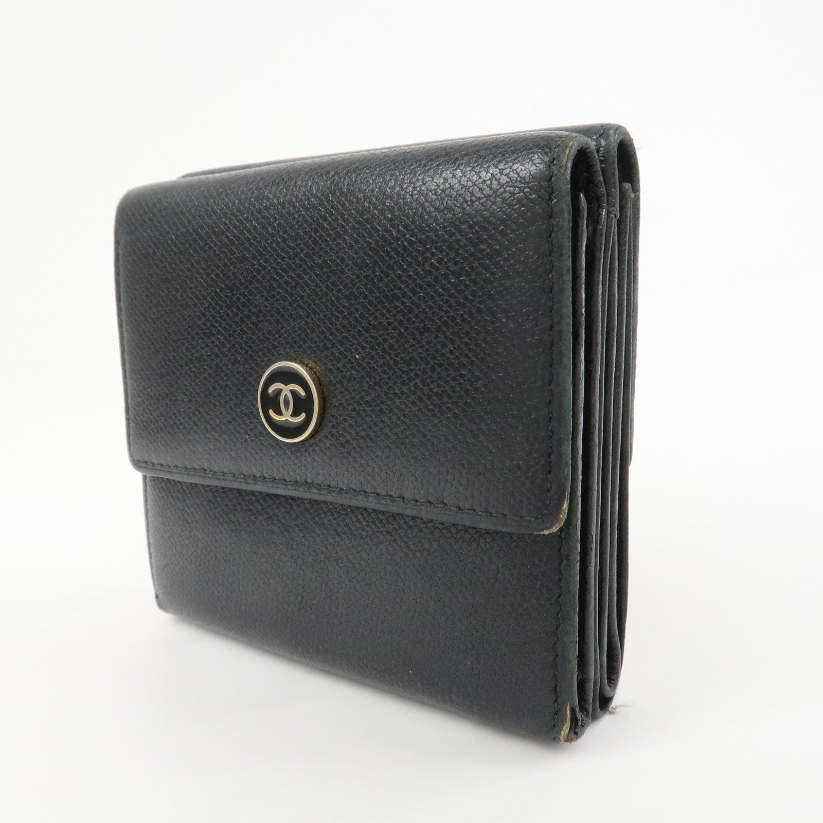 CHANEL COCO Button Leather W Hook Compact Wallet Black A20902