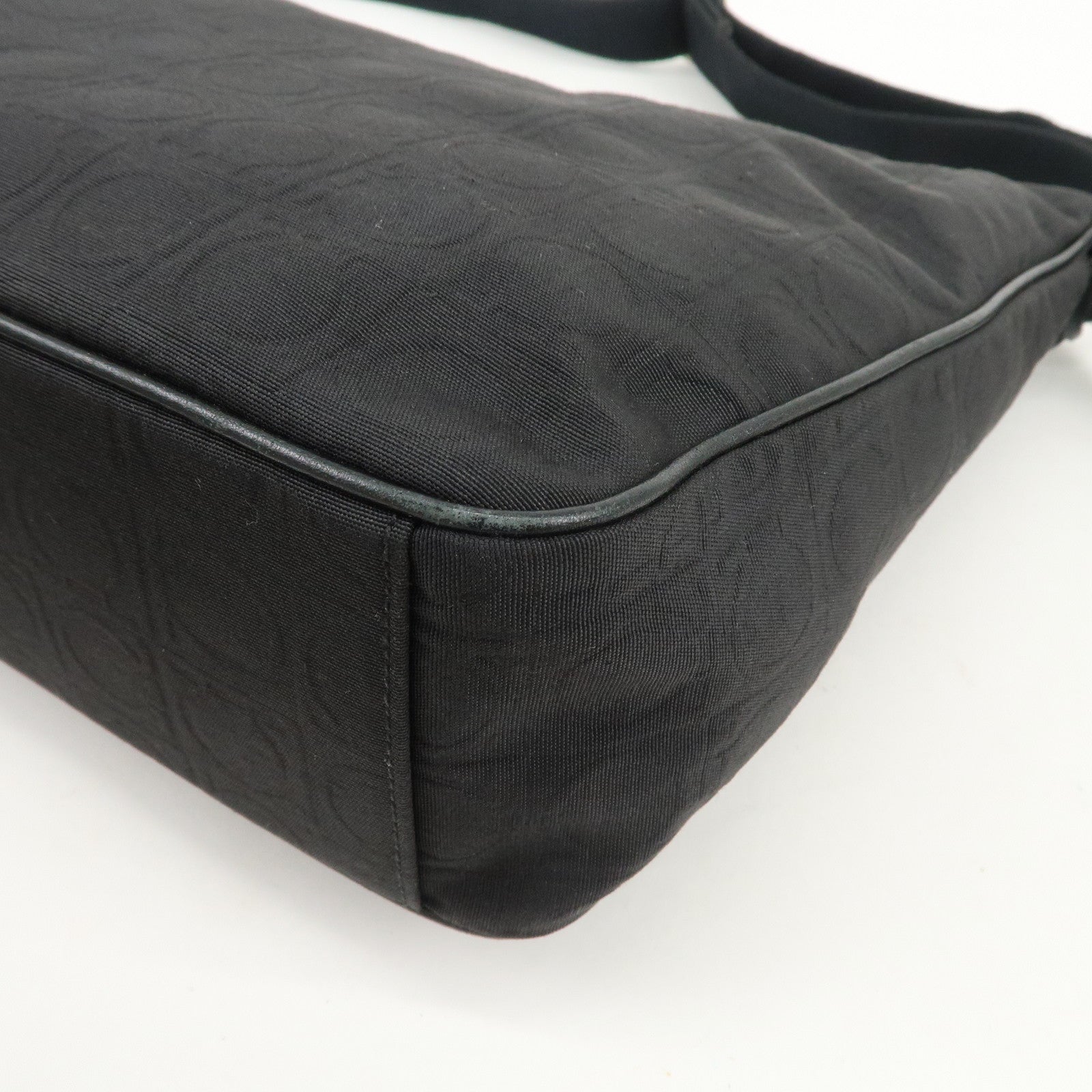 Ferragamo Gancini Logo Nylon Canvas Leather Shoulder Bag Black