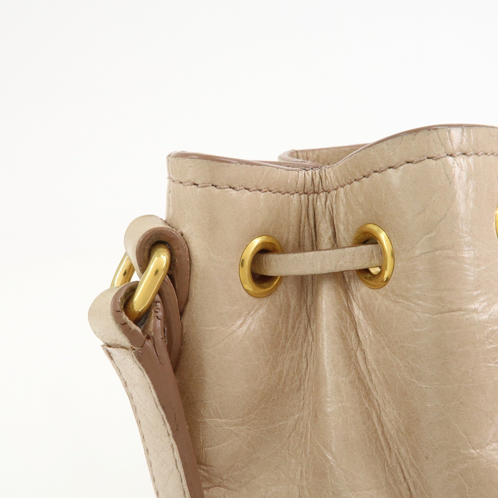MIU MIU Logo Leather Drawstring Shoulder Bag Crossbody Bag Beige