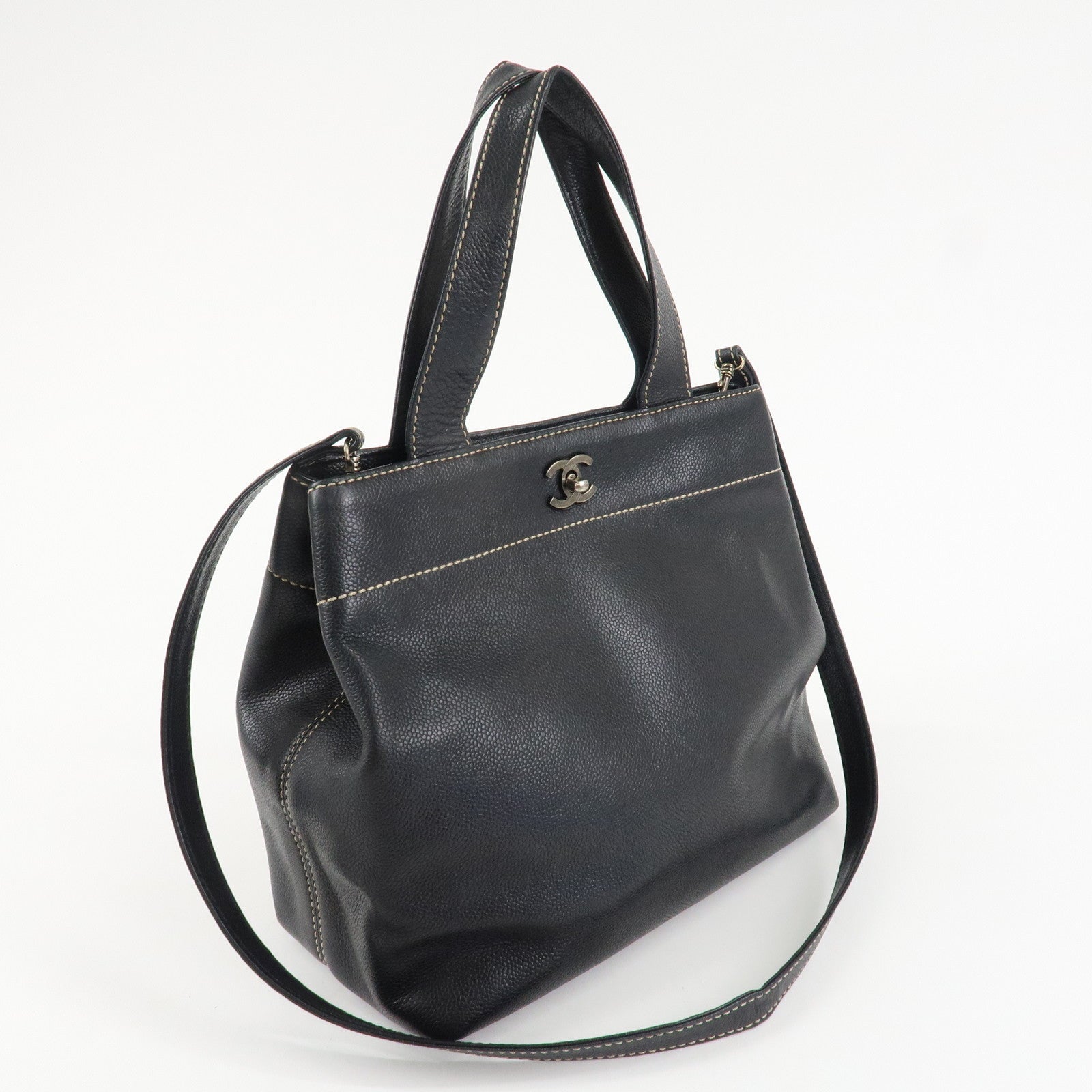 CHANEL Caviarskin COCO Mark Turn Lock 2Way Hand Bag Black Used