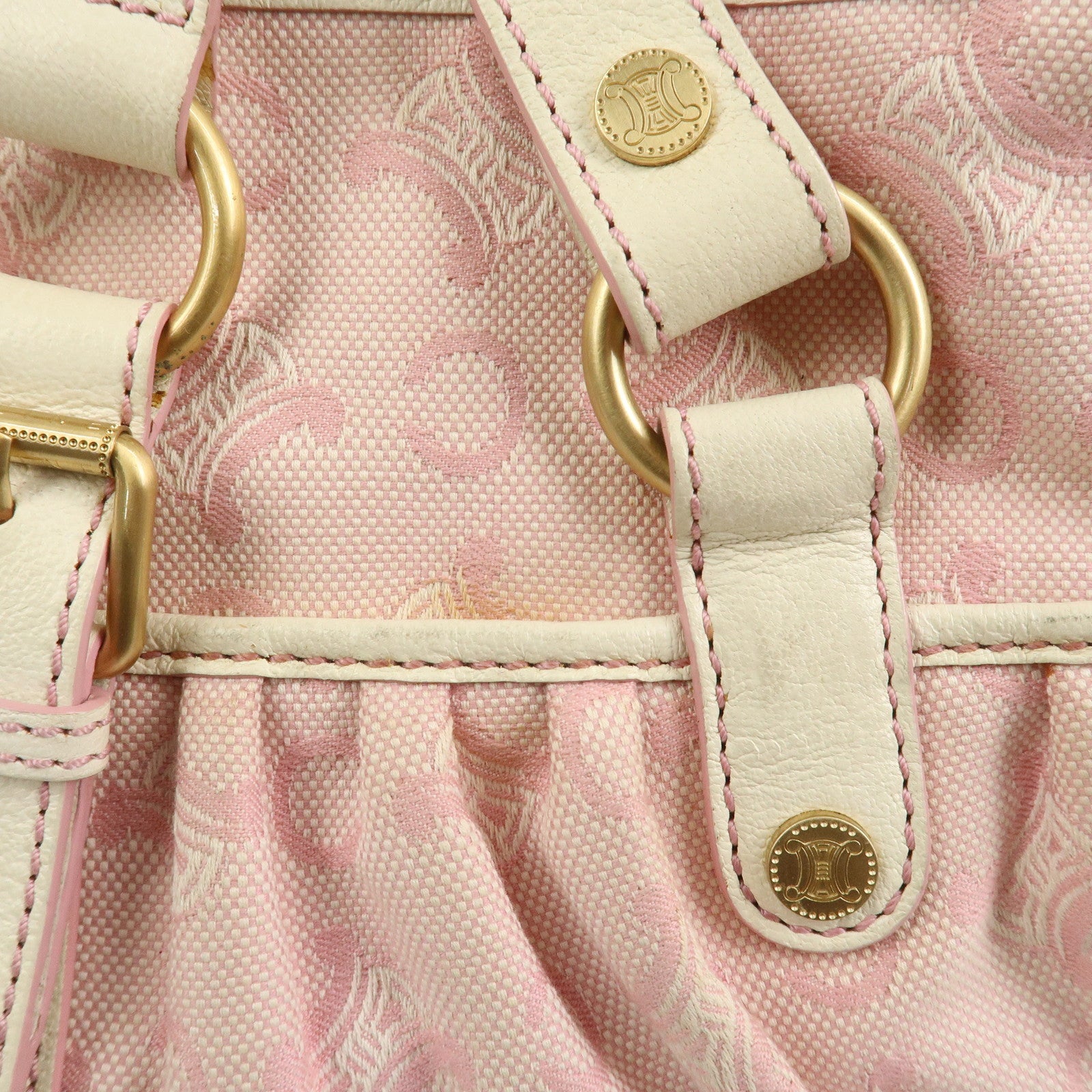 CELINE C Macadam Canvas Leather Tote Bag Shoulder Bag Pink Ivory