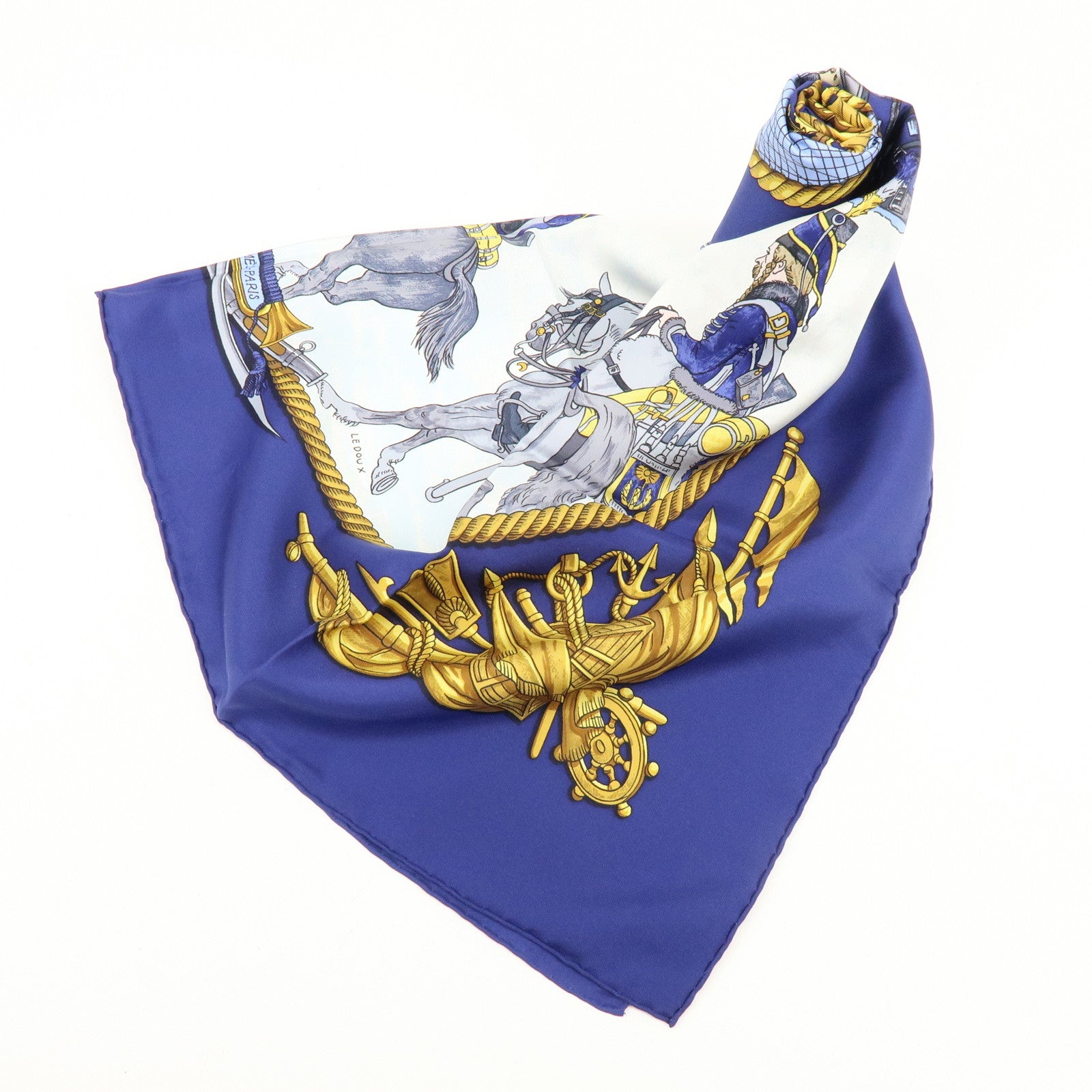 HERMES Carre 90 Silk 100% MARINE ET CAVALERIE Scarf Blue Navy