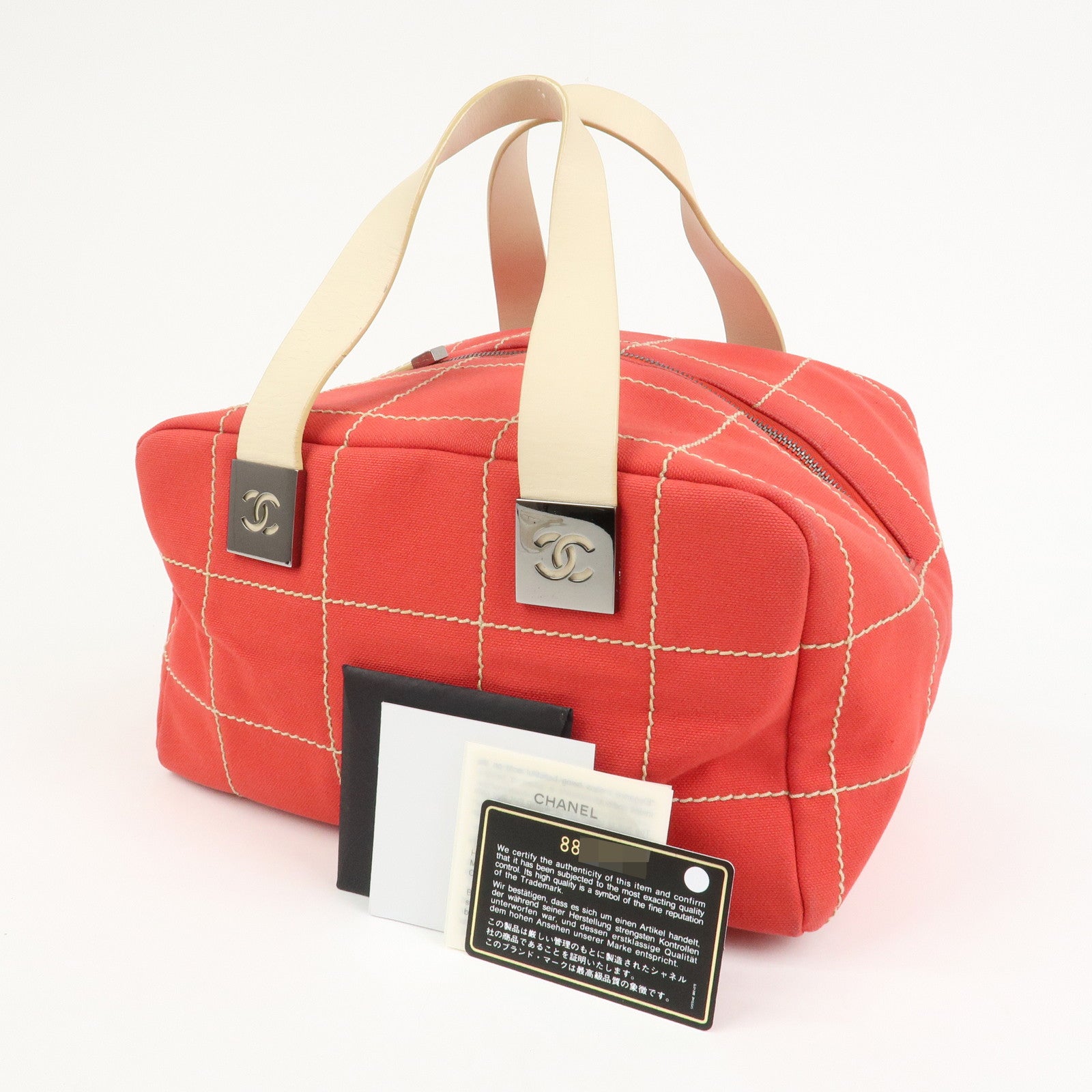 CHANEL Chocolate Bar COCO Mark Canvas Leather Hand Bag Red