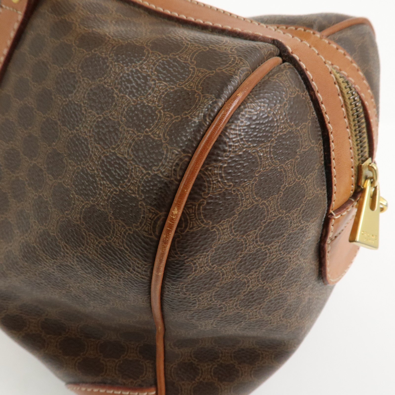 CELINE Macadam PVC Canvas Leather Boston Bag Hand Bag Brown