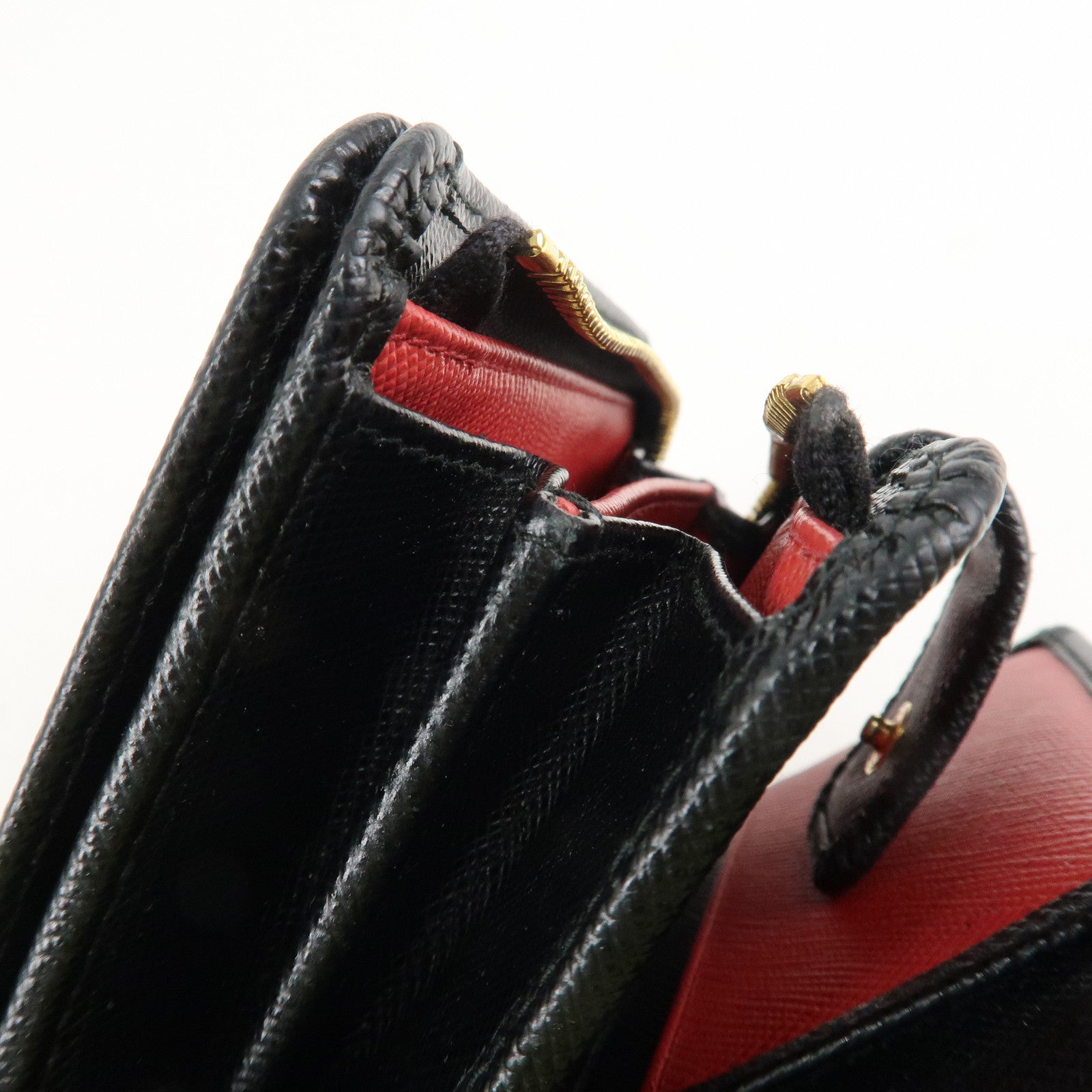PRADA Saffiano Leather Bi-Fold Wallet Black Red Gold 1ML018 Used