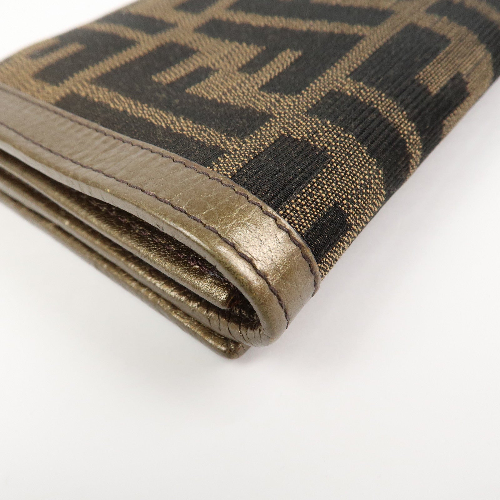 FENDI Zucca Canvas Leather Bi-fold Long Wallet Brown Gold 8M0000