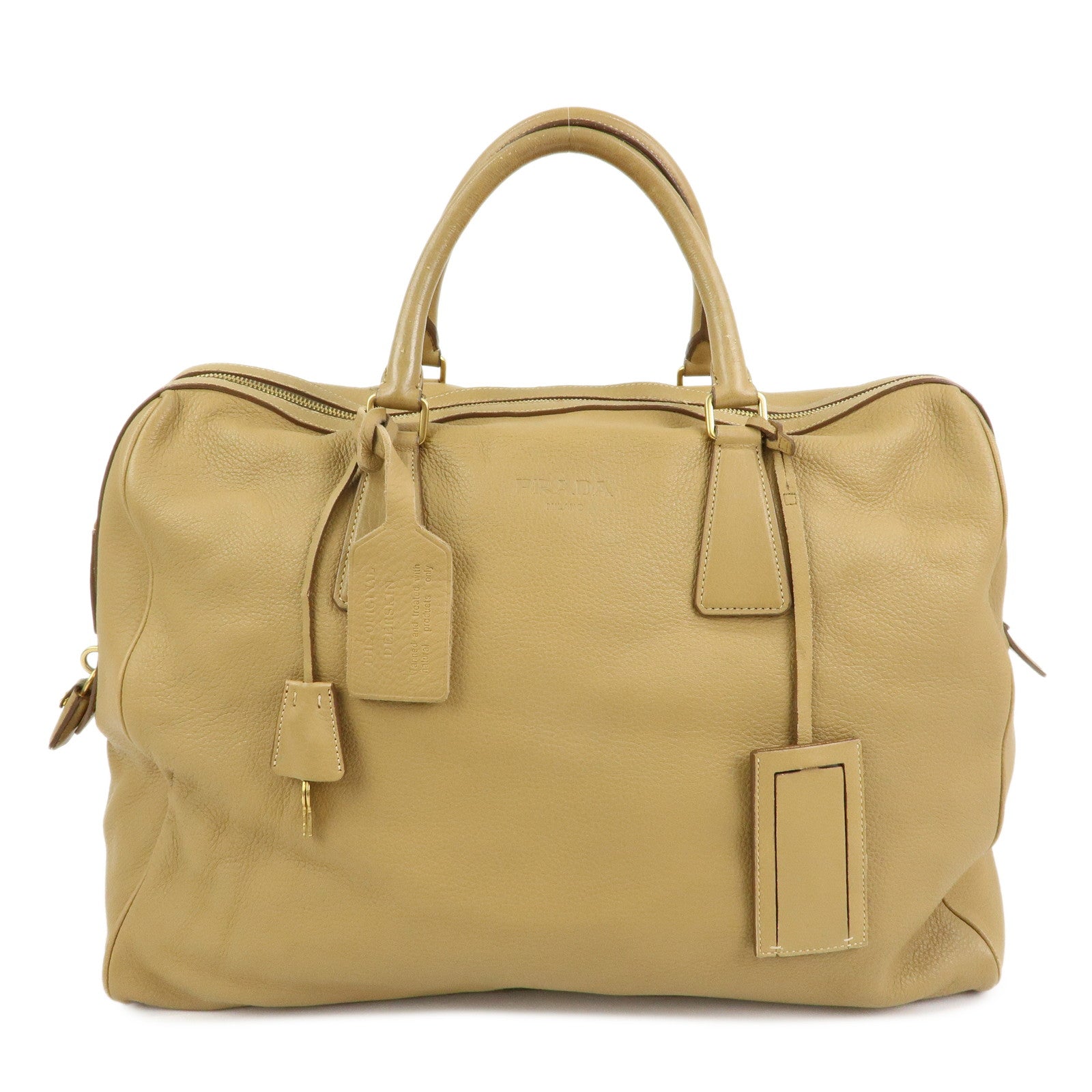 PRADA Logo Leather Boston Bag Hand Bag Travel Bag Brown