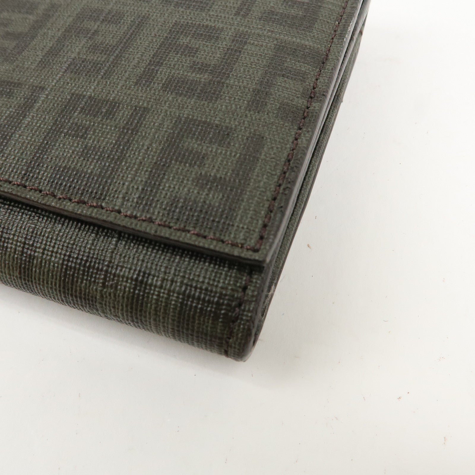 FENDI Zucchino PVC Flap Bi-Fold Long Wallet Black Moss Green 8M0235 Used