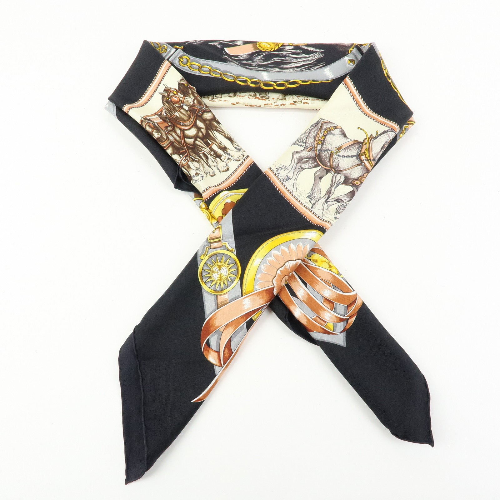 HERMES Carre 90 Silk 100% Scarf CHEVAUX DE TRAIT Black Gold Beige