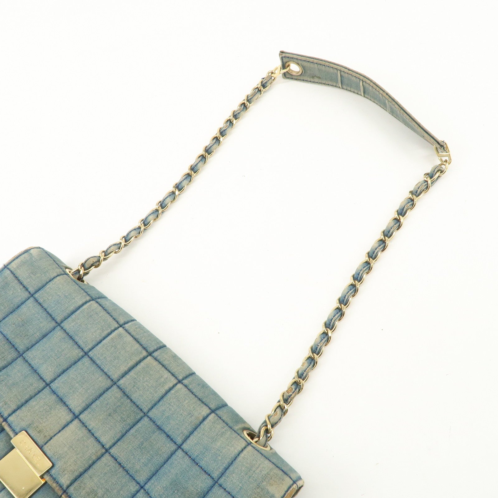 CHANEL COCO Mark Wide Stitch Chocolate Bar Chain Shoulder Bag Blue Gold Used
