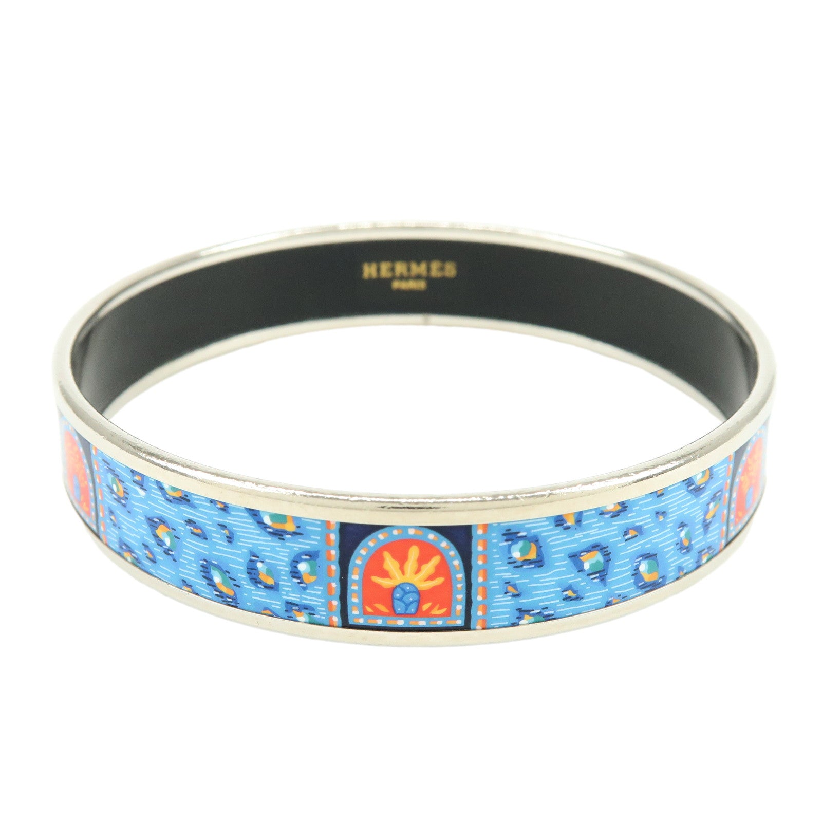 HERMES Email PM Silver Plated Bracelet Bangle Blue Multicolor