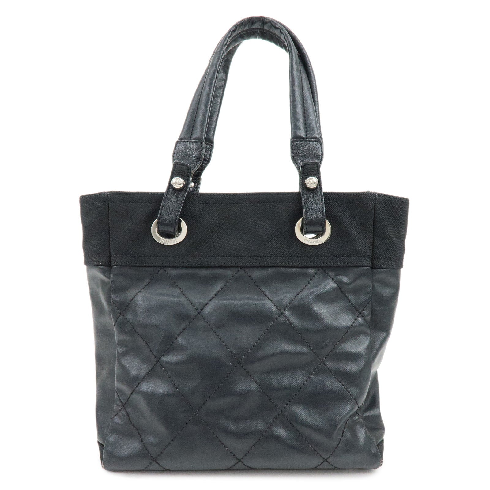 CHANEL Paris Biarritz PM PVC Leather Tote Bag Hand Bag Black A34208