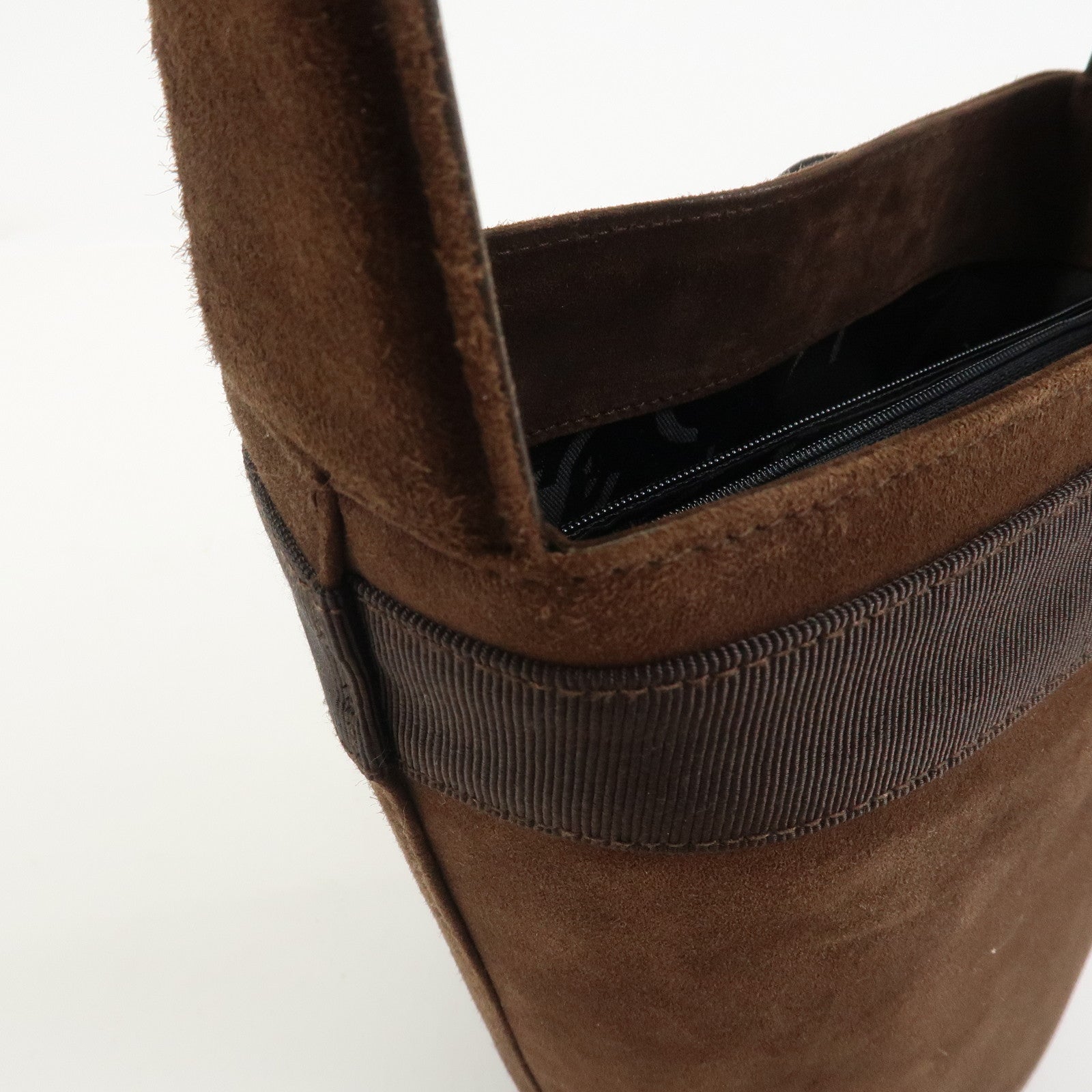 Ferragamo Vara Ribbon Suede Leather Hand Bag Brown Gold