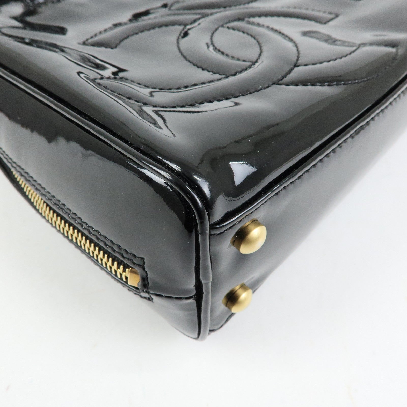 CHANEL Triple COCO Mark Patent Leather Tote Bag Hand Bag Black