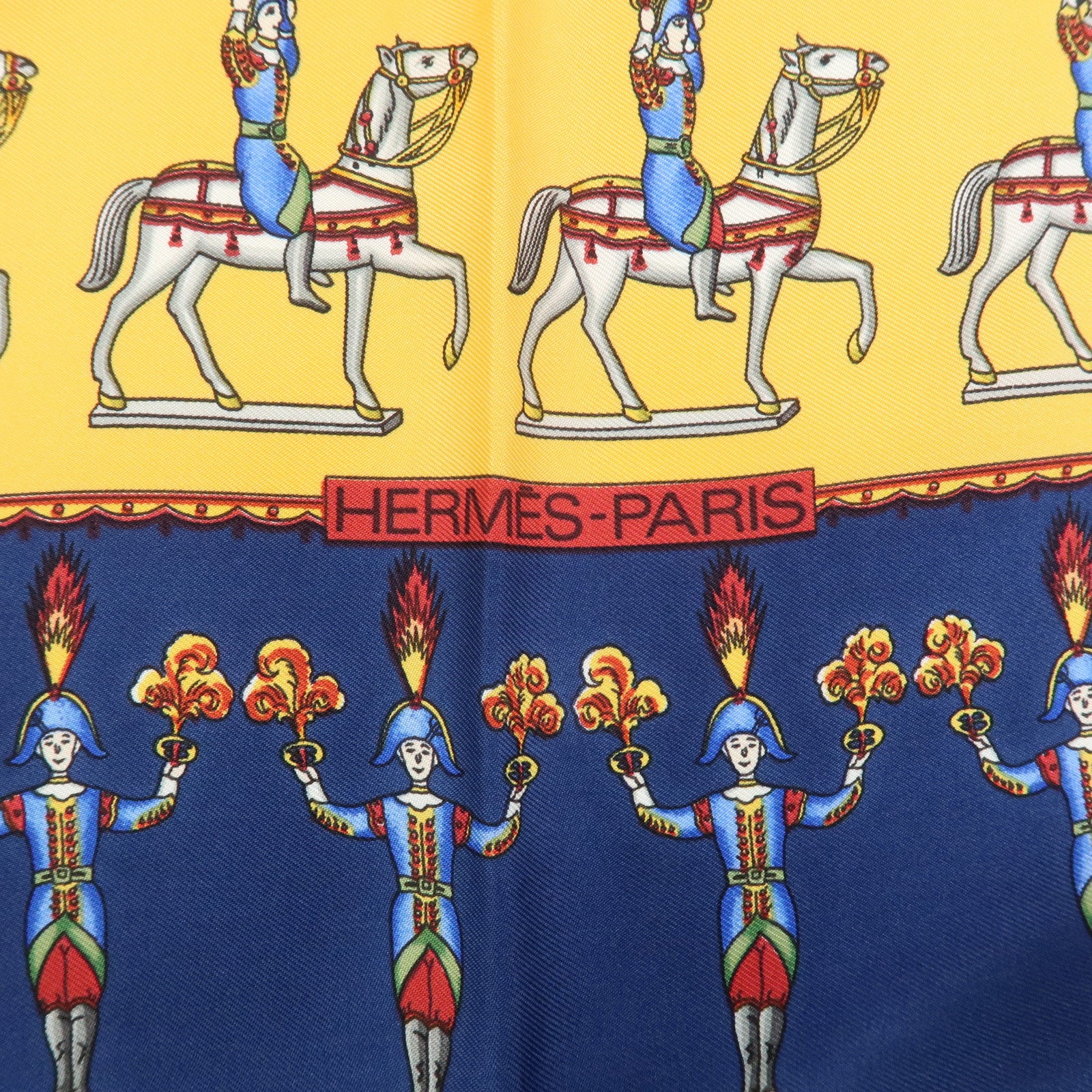 HERMES Carre 90 Silk 100% Scarf Les Artificiers Navy Yellow