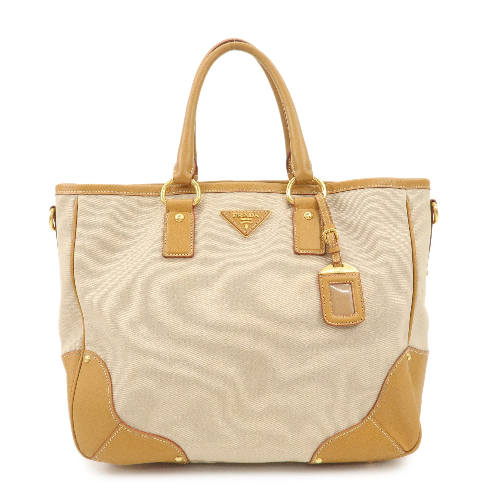 PRADA Triangle Logo Leather Canvas 2 Way Tote Bag Beige Brown