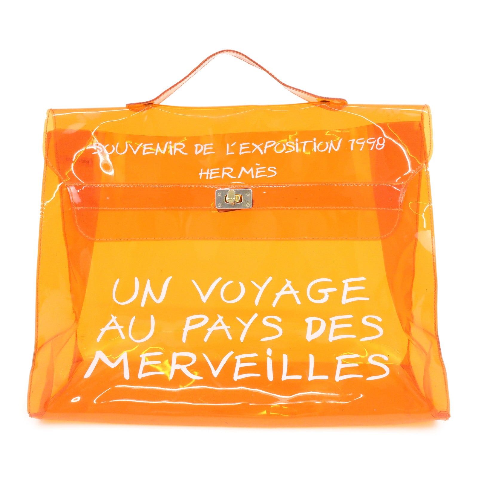 HERMES Kelly Vinyl Hand Bag Clear Orange