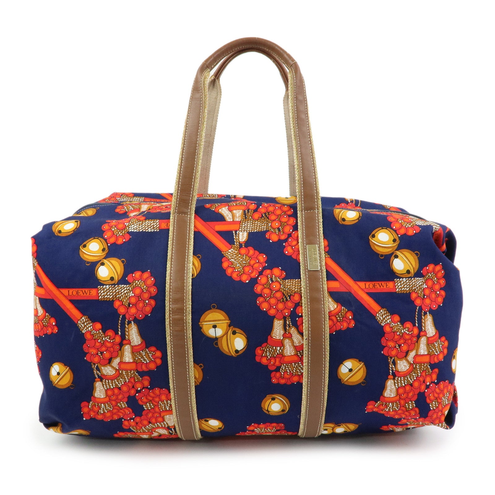 LOEWE Canvas Leather Boston Bag Travel Bag Navy Red Brown